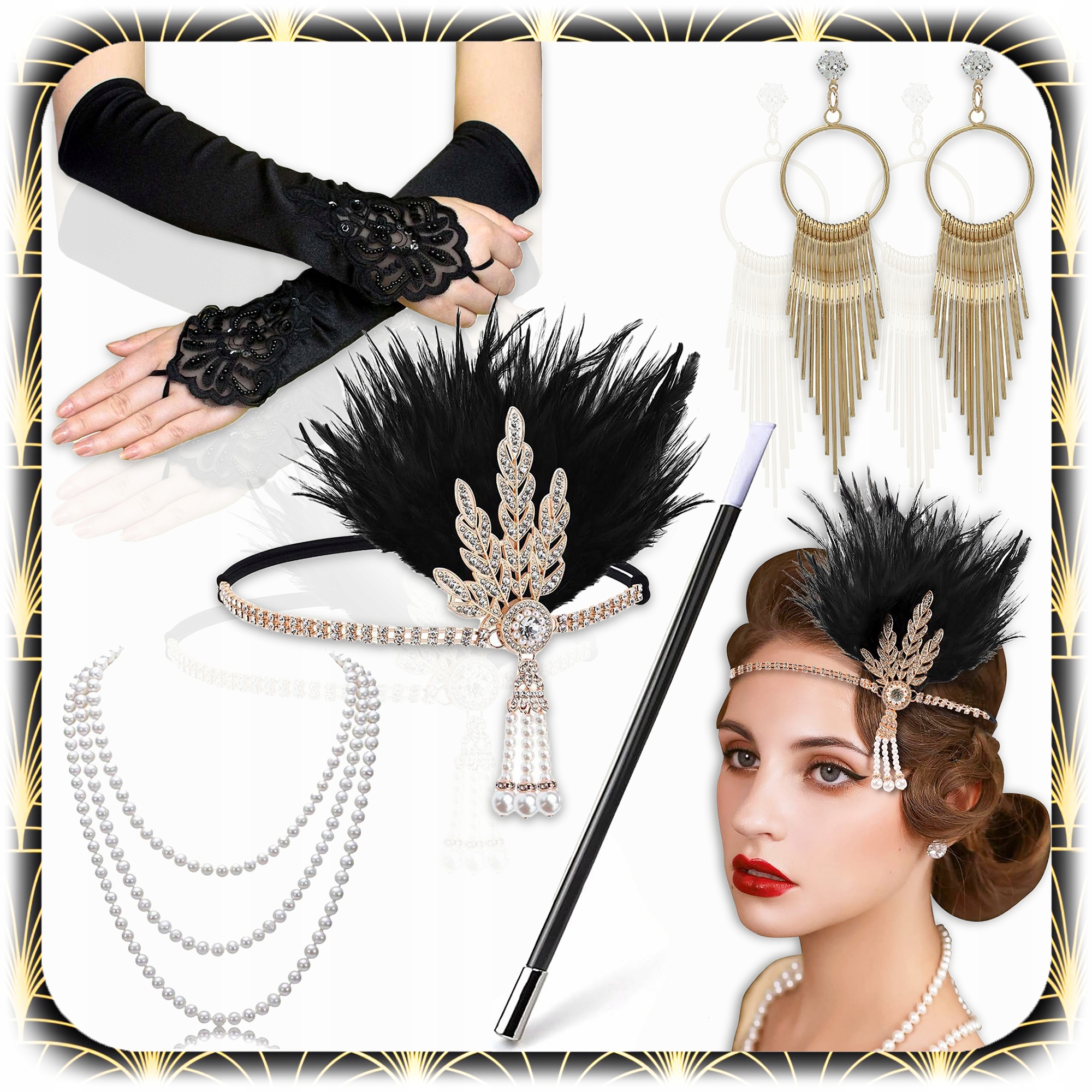 ZESTAW RETRO DAMSKI LATA 20 30 FLAPPER PRZEBRANIE KARNAWAŁ CYGARETKA 7 EL. Kod producenta 007232