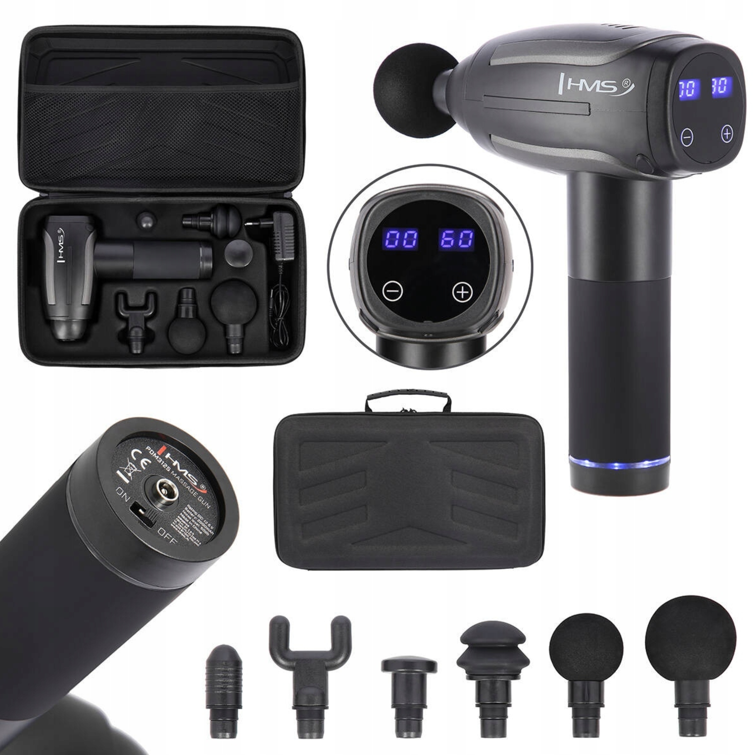 Masażer PDM3125H Black Pistolet Do Masażu Hms z wymiennymi końcówkami 6szt.