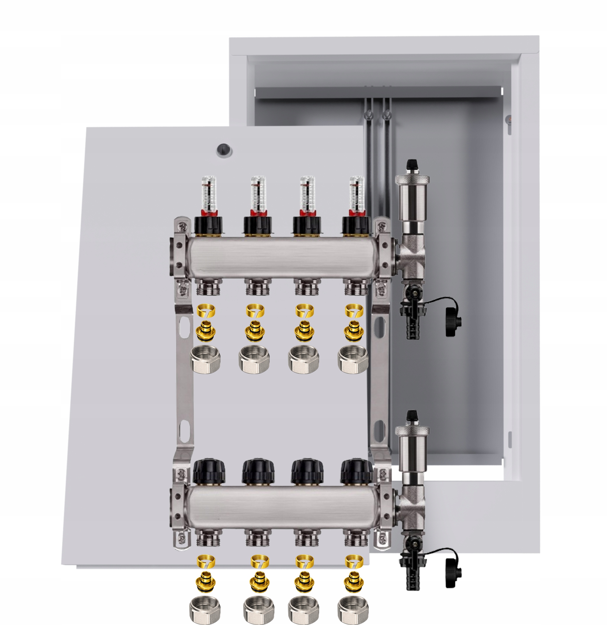 Nerezový rozdělovač pro podlahovku 4 okruhy s nástěnným boxem Pex