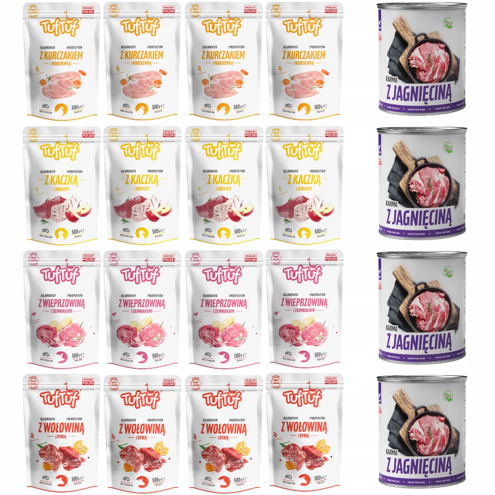 Levně Vlhké Krmivo Tuf Tuf MIX Set Sáček 16x500G Plechovka 4x800G Jehněčí Maso