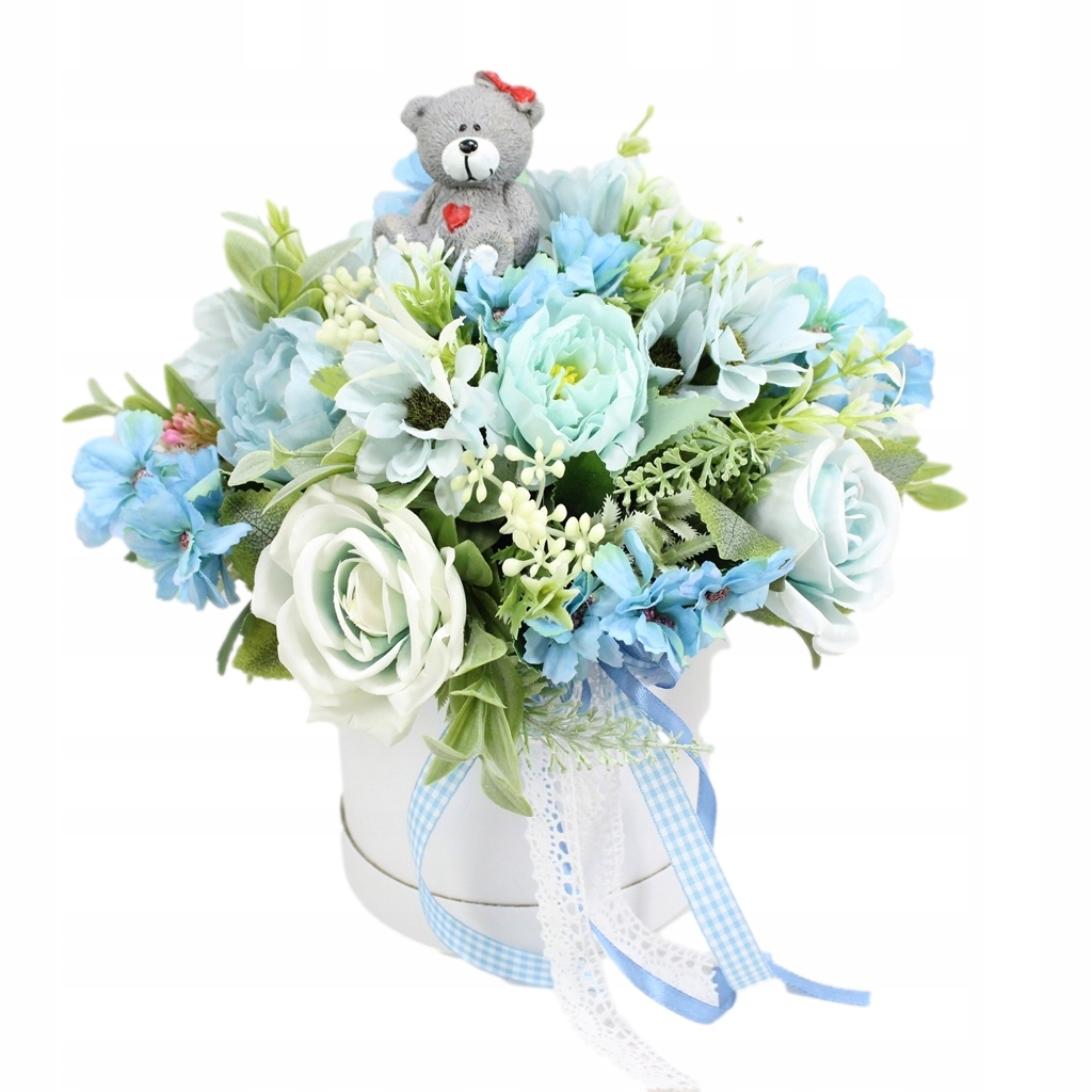 Květinový box s medvídkem Modrý kompozice květiny rok křtiny baby shower