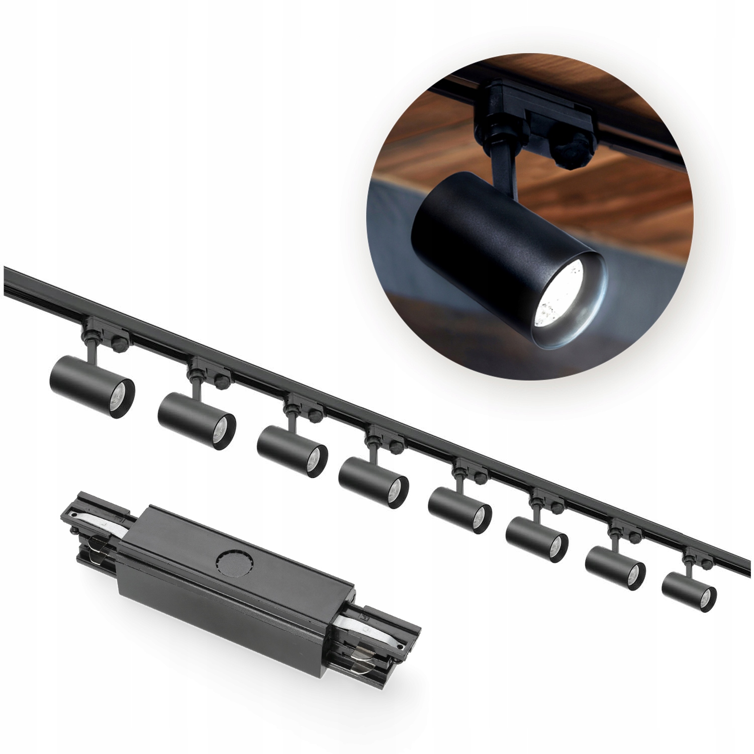 3-fázové koľajnicové osvetlenie 2 m 2 m, vonkajšie, 8 x svietidlo, 2 x krytka Čierna