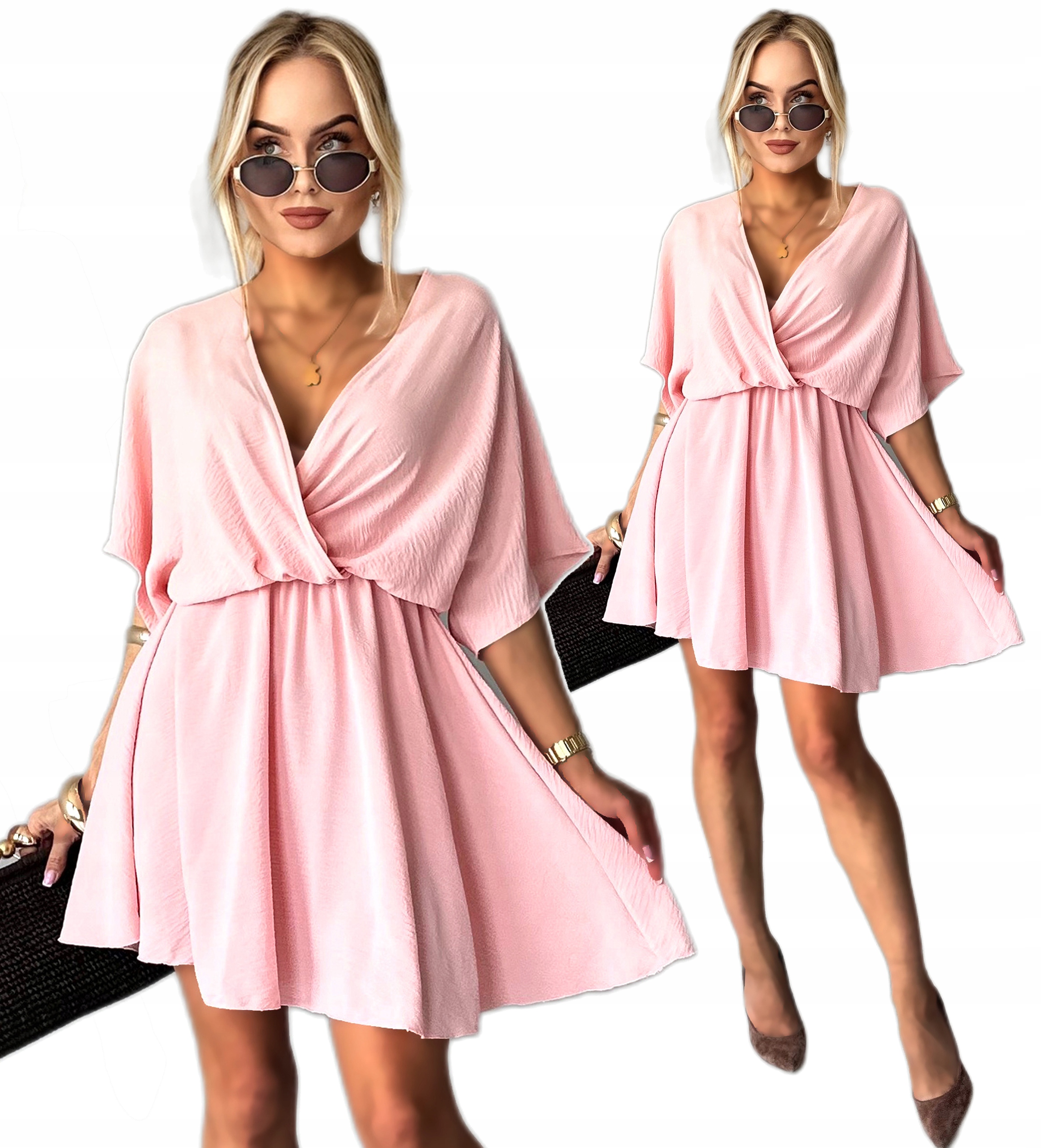 Sukienka Damska mini kopertowy dekolt rozkloszowana wesele D553