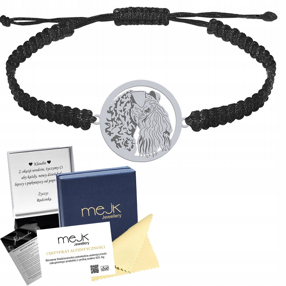 Stříbrný náramek s psem Kerry Blue Terrier Makramé 925 Dárek Gravírování