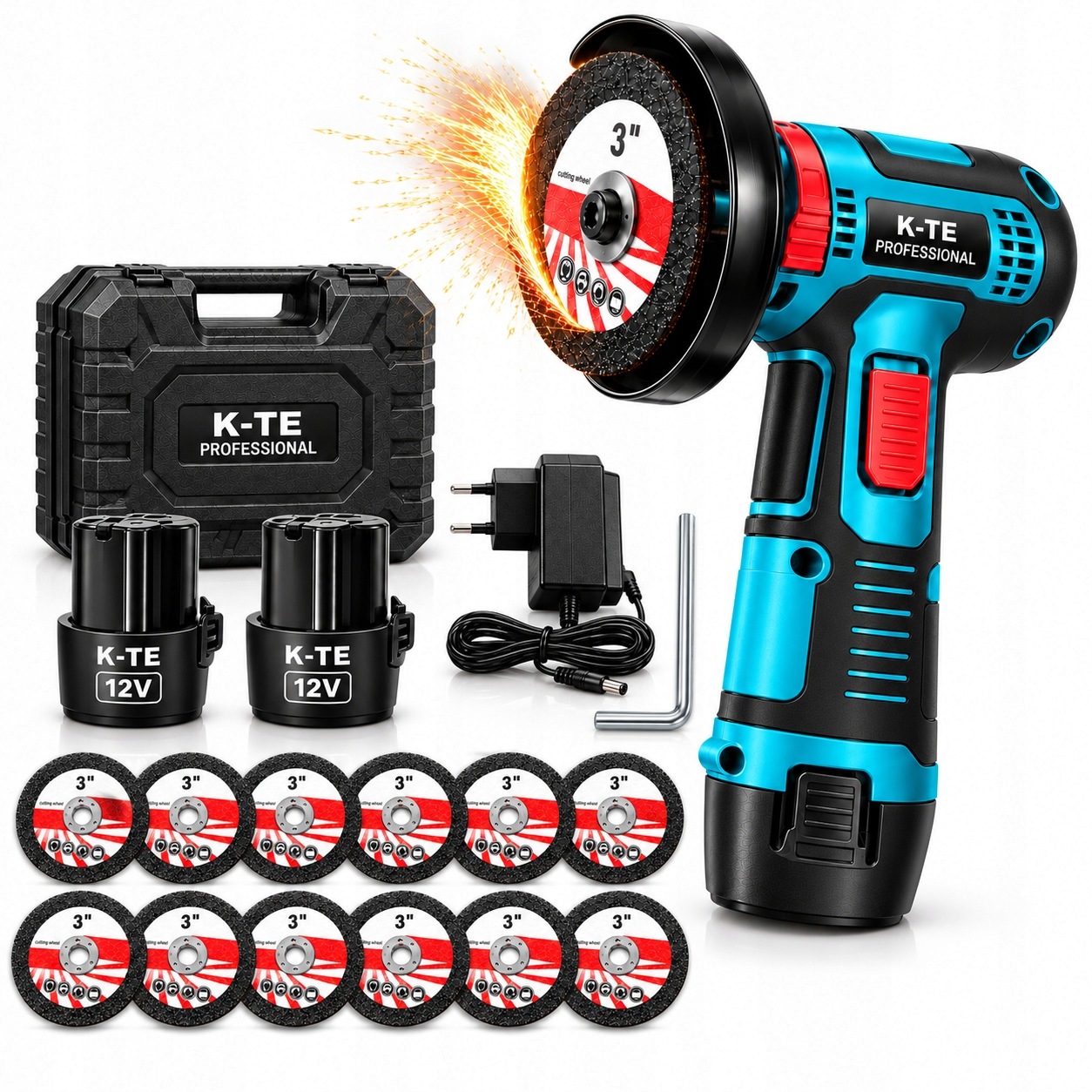 Mini Úhlová Bruska 12V 2x Akumulátor 1,5Ah 76mm 12 Kotoučů