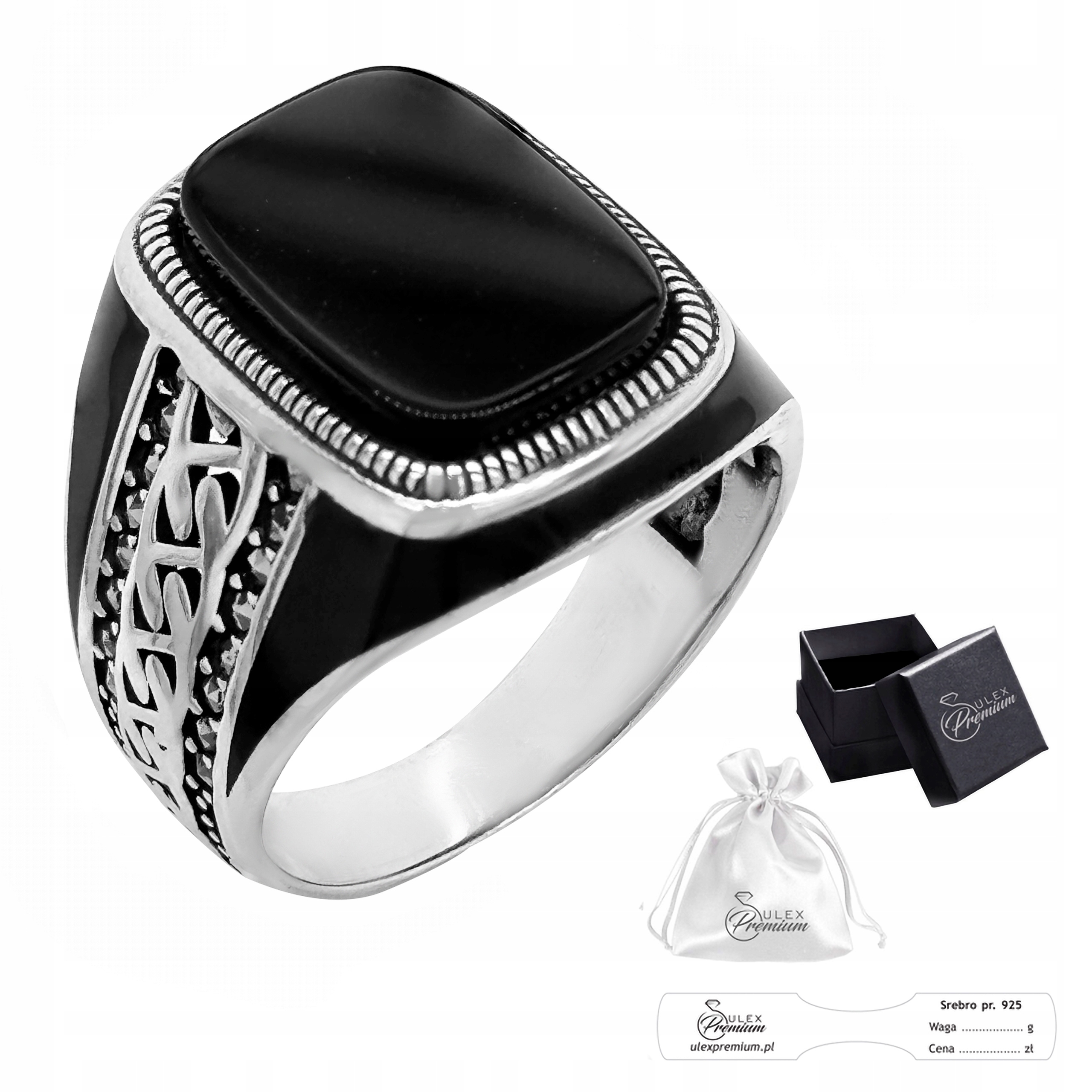 Stříbrný signet ryzost 925 Pánský prsten s onyxem a markýzami vel.