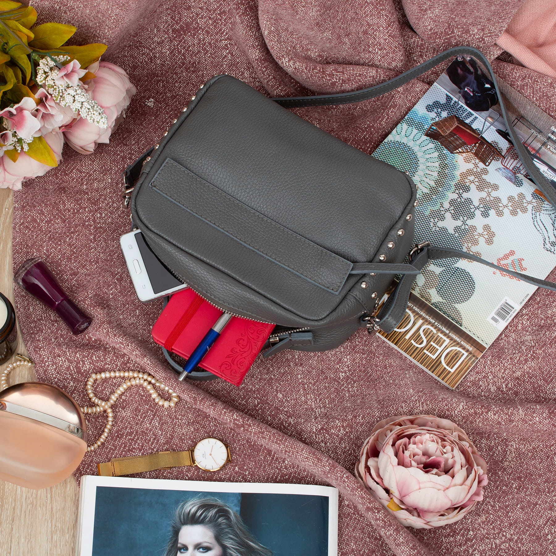 VERA PELLE torebka skórzana kuferek listonoszka z ćwiekami C.SZARA Marka inna