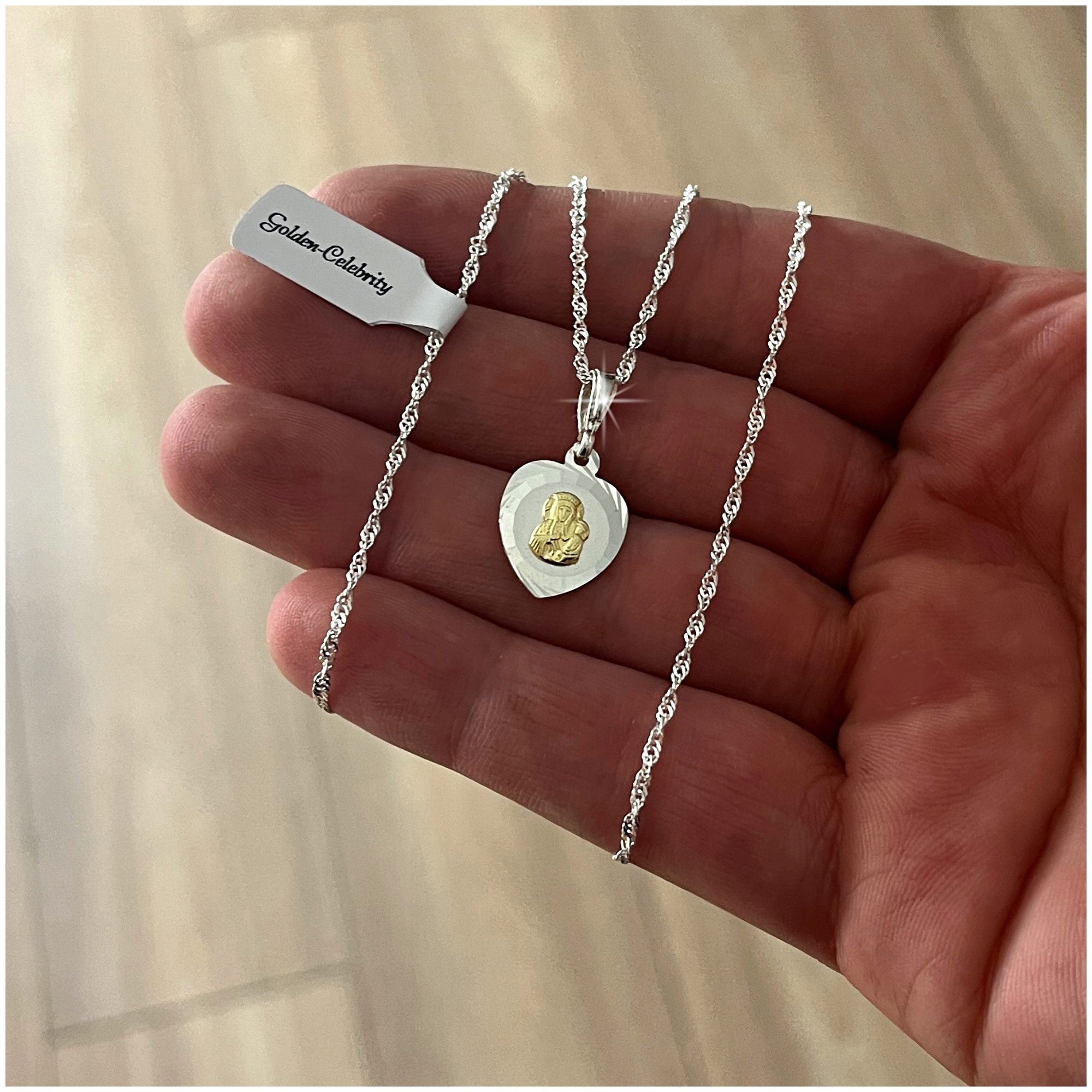 SREBRNY ŁAŃCUSZEK + MEDALIK MATKA BOSKA CZĘSTOCHOWSKA PR 925 KOMUNIA GRAWER Marka Golden Celebrity