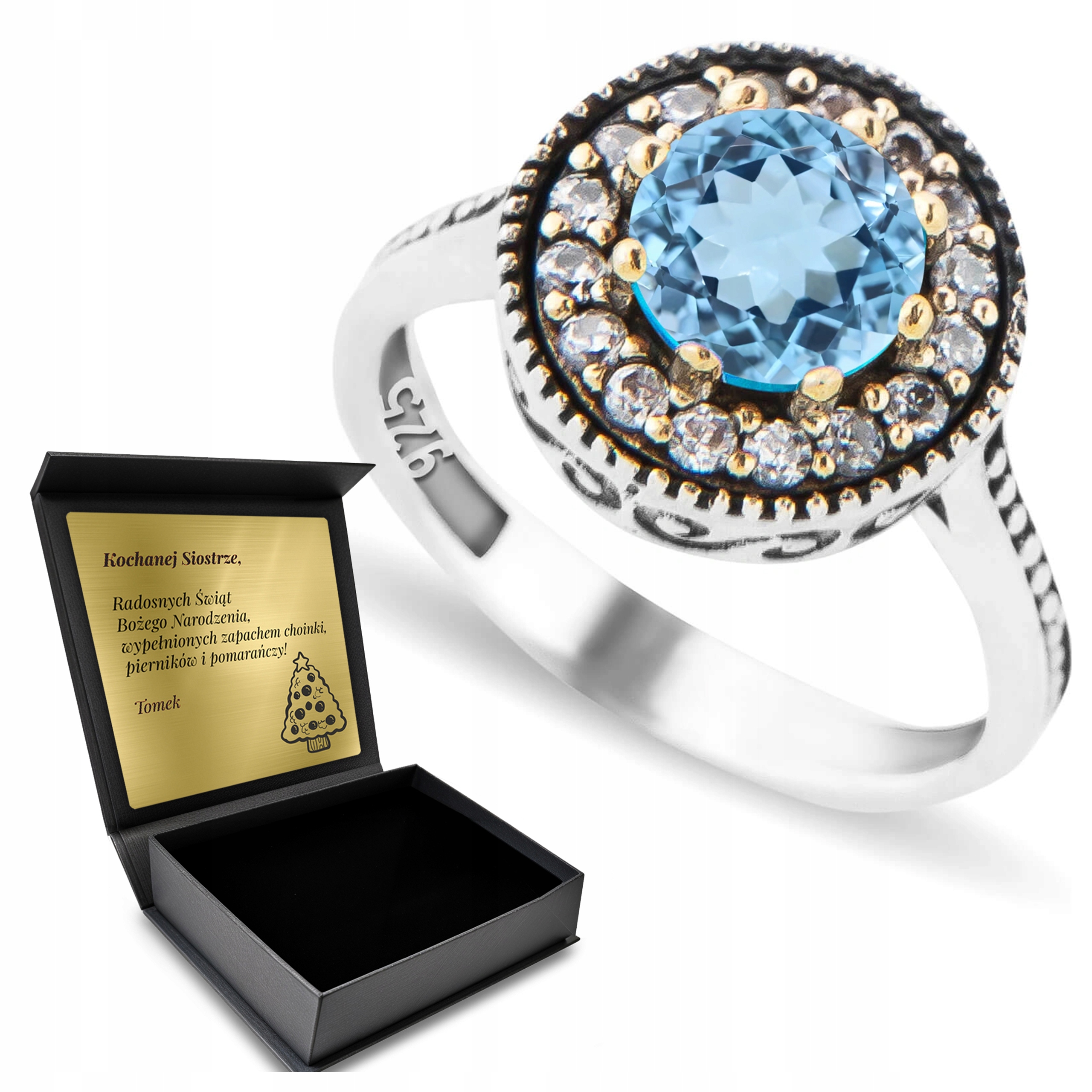 Prstýnek 925 S Zirkony A Modrým Topazem pro ženy Gravírování