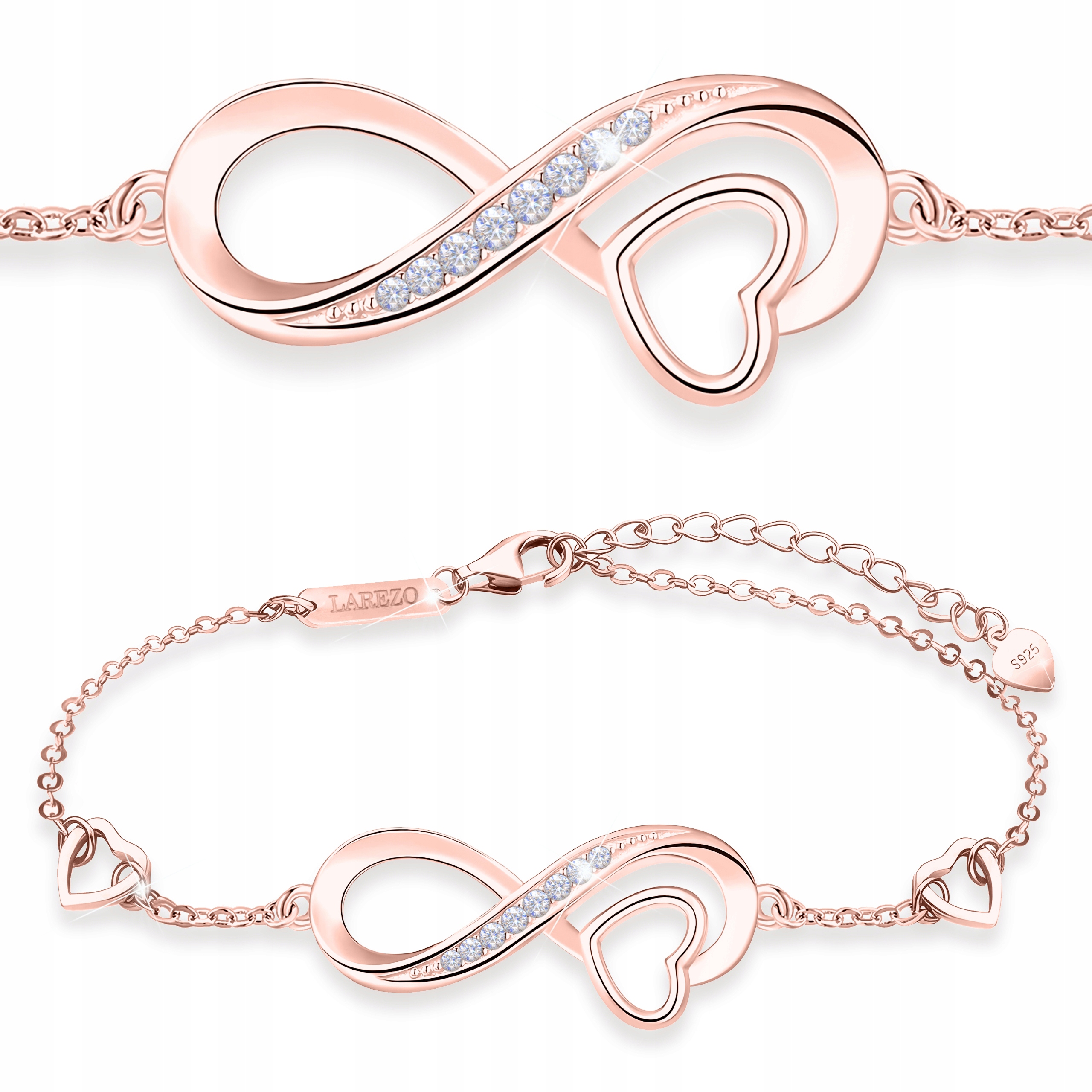 Pozlacený náramek Nekonečno Srdce Srdíčko Zirkony Stříbro 925