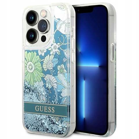 Etui Guess Flower Liquid Glitter na iPhone 14 Pro zielone Guess