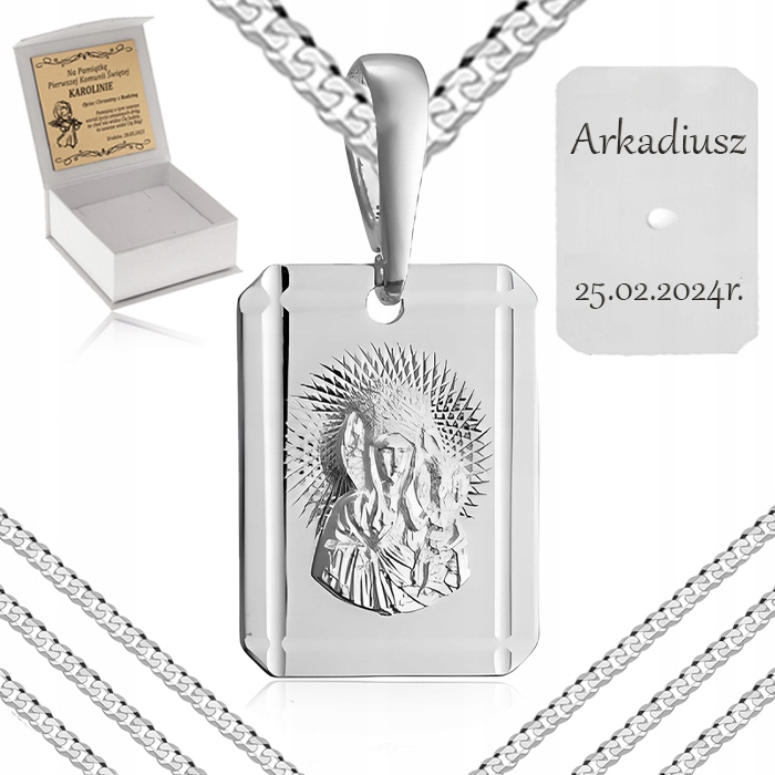 PIĘKNY SREBRNY NASZYJNIK PANCERKA + MEDALIK MATKA BOSKA 925 +GRAWER CHRZEST