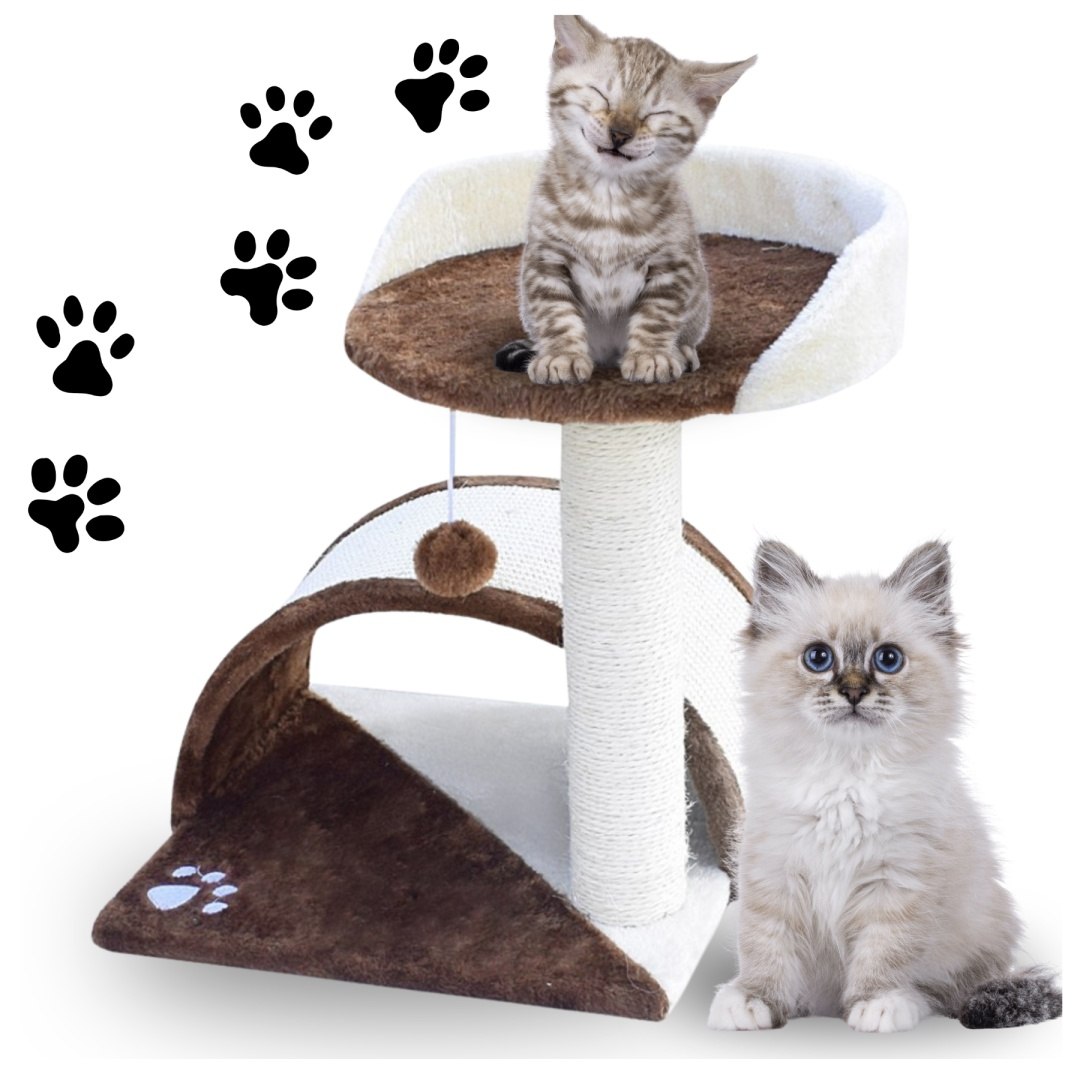 Levně Drapak Pro Kočky Malý Pelíšek Sloupek Budka Houpací Síť Hnědá 43 cm