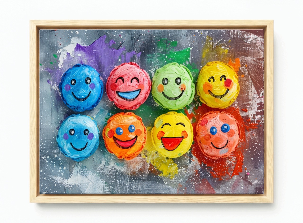 Obraz Rám Americká Krabička Emotikony Smajlíci Tváře Emoce Úsměv Barvy 120x80
