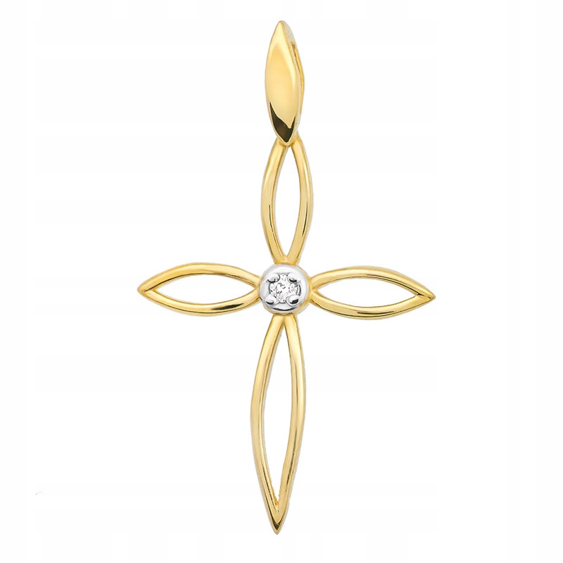 Krásný Zlatý Kříž Křížek pr. 585 14k Ažurový s Briliantem 0,02ct Krabička