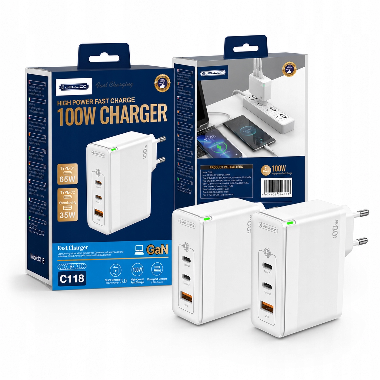2-PAK Rychlá síťová nabíječka 100W 2x Usb-c 1x Usb Quick Charge 3.0 Pd