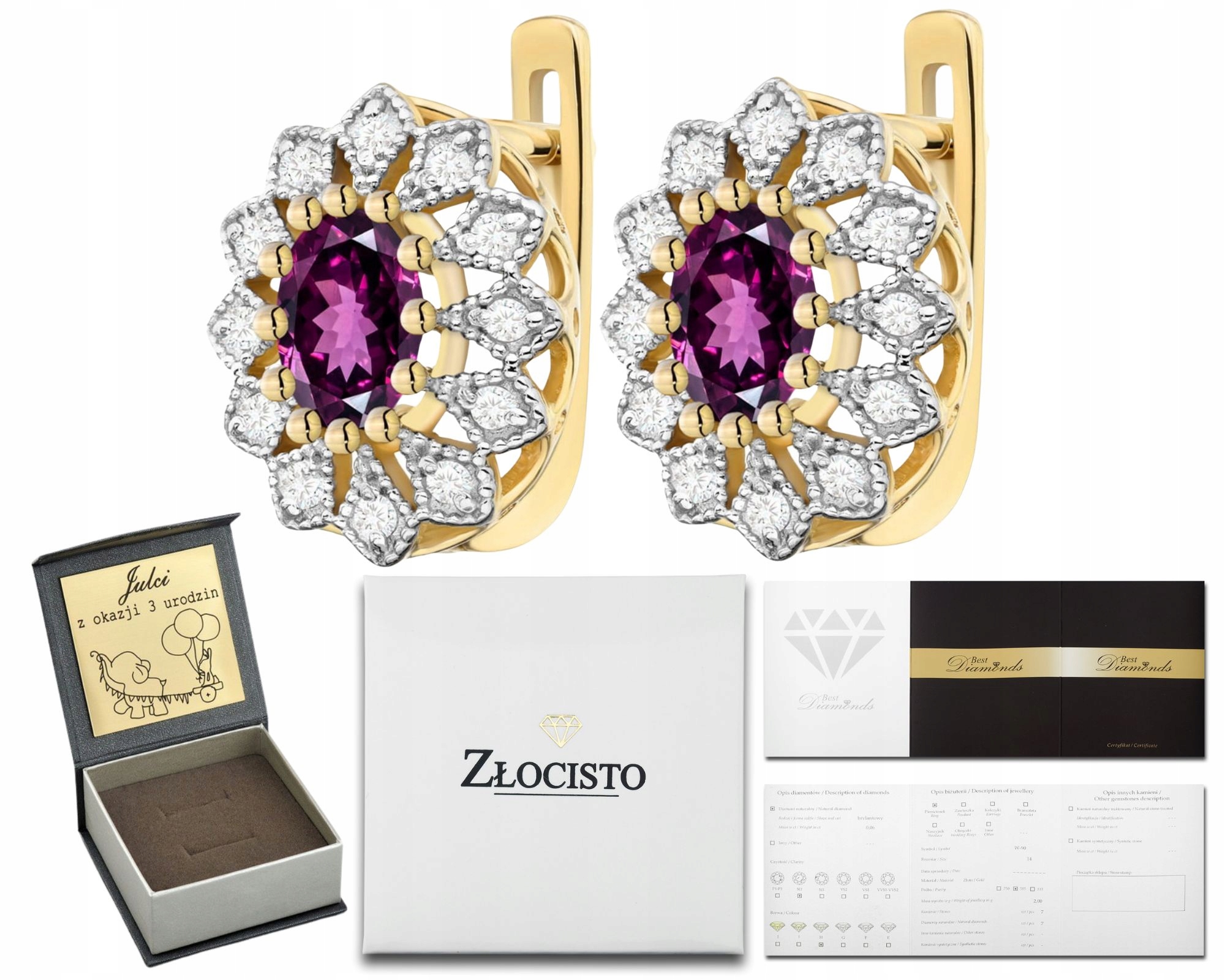 Zlaté Náušnice Přírodní Kámen Rodolit A Anglické Diamanty Zapínání