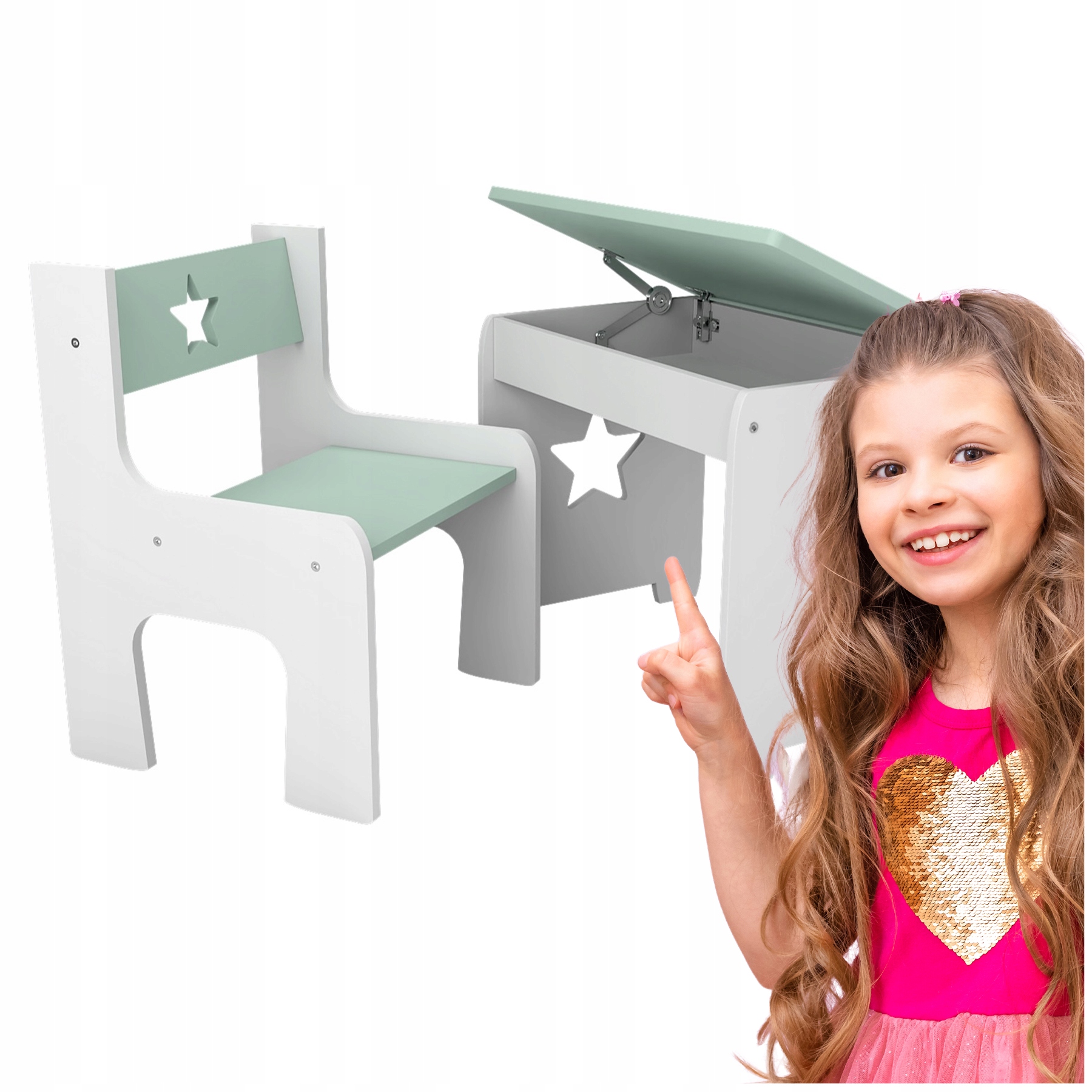 KRZESEŁKO I STOLIK ZE SCHOWKIEM DLA DZIECKA OTWIERANY STOLIK KOLORY GWIADKA
