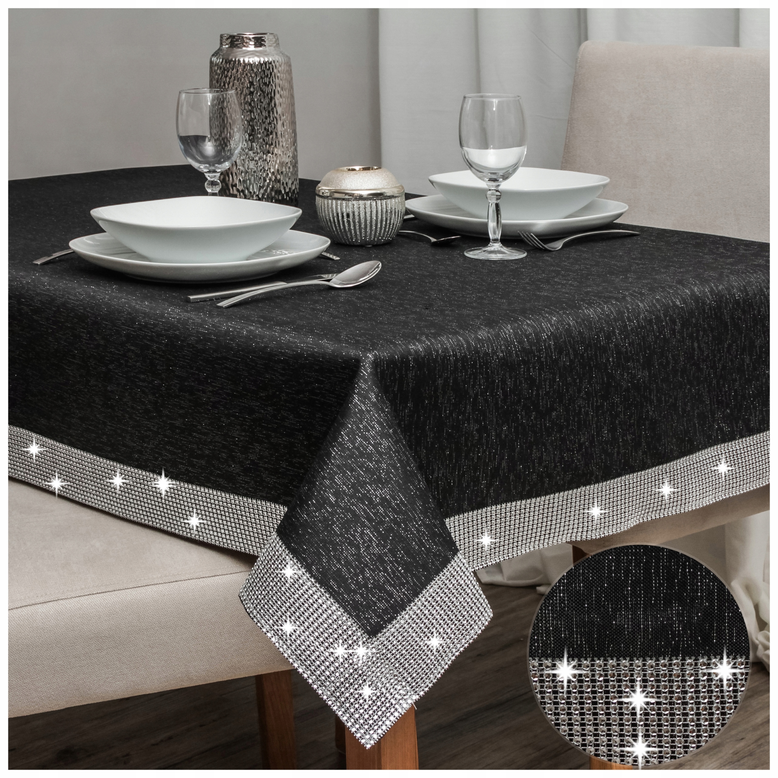 Obrus plamoodporny GLAMOUR ECRU ZE ZŁOTYMI cyrkoniami CEKINAMI 150x300 Materiał wykonania poliester