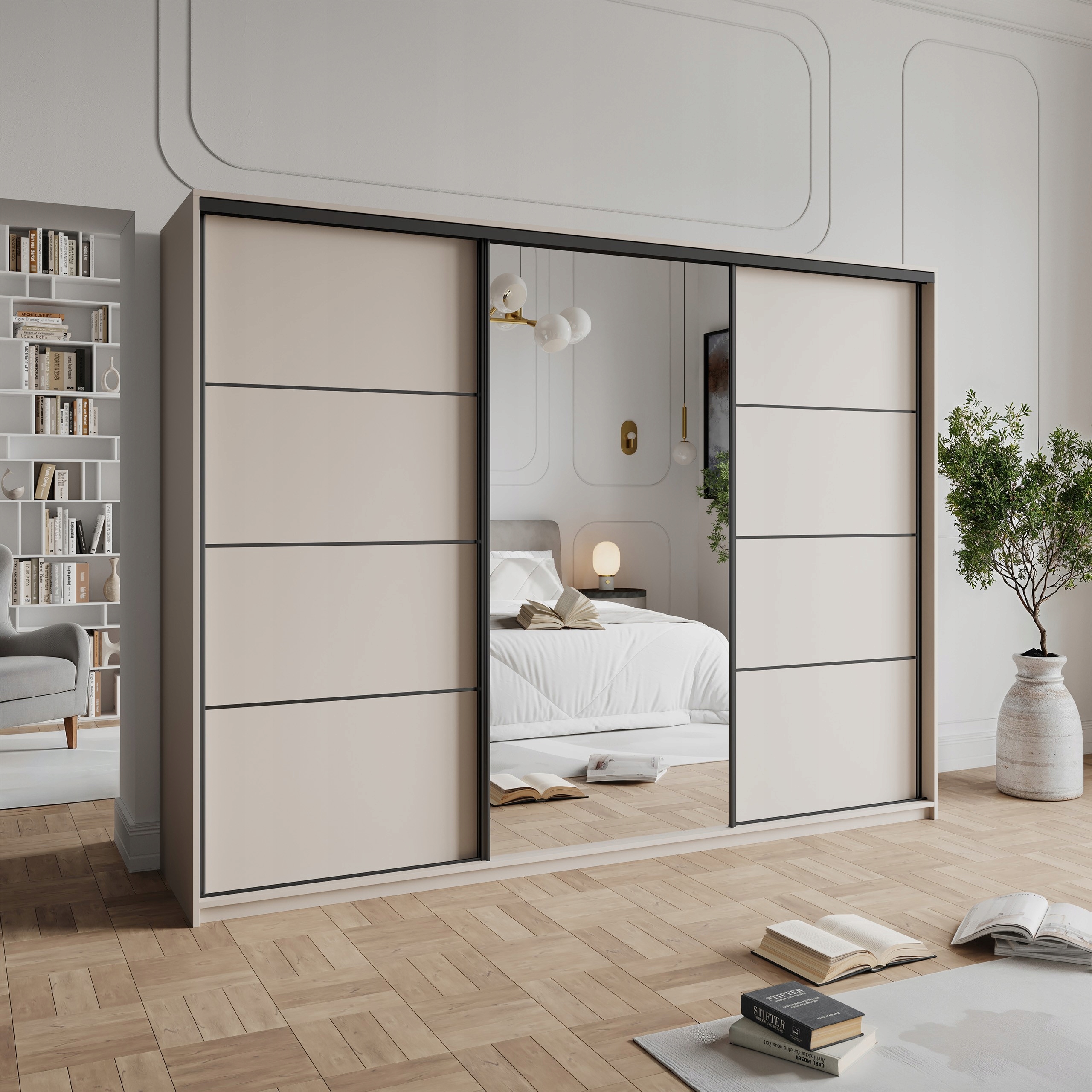 Skříň Třídveřová Varo 270 cm se zrcadlem Zásuvky Kašmír Černá