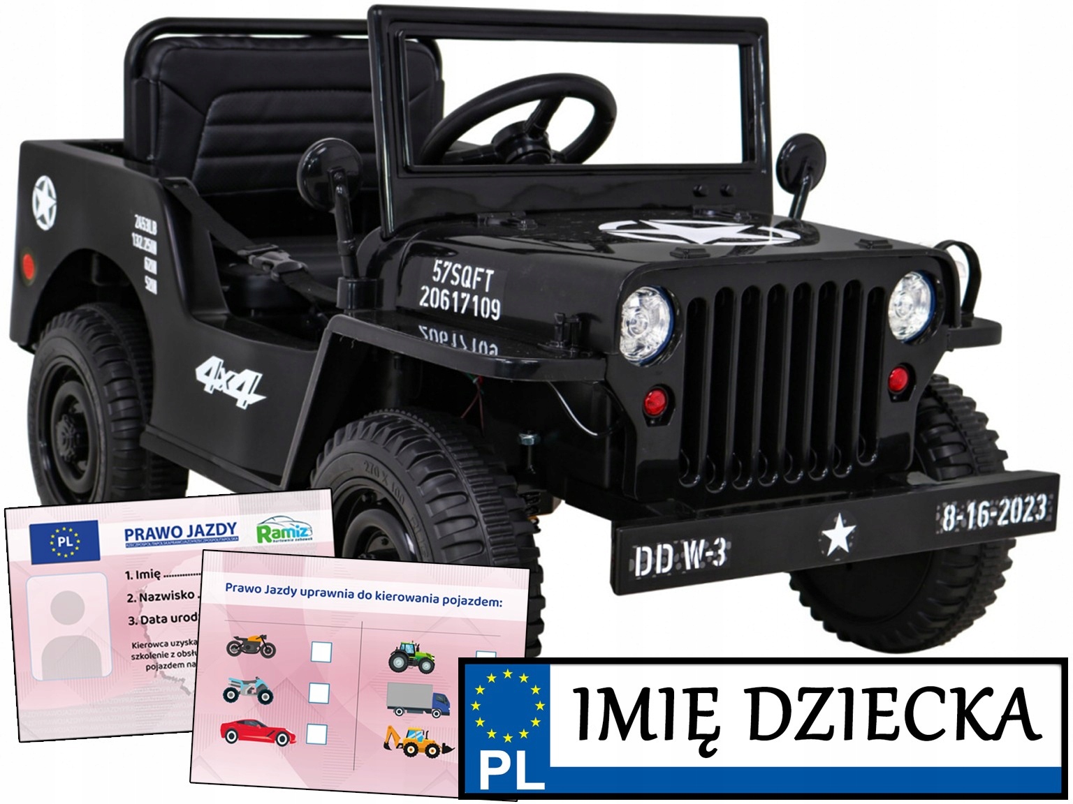 duży Wojskowy Pojazd Na Akumulator dla dzieci Jeep z napędem 4x4 Tablica