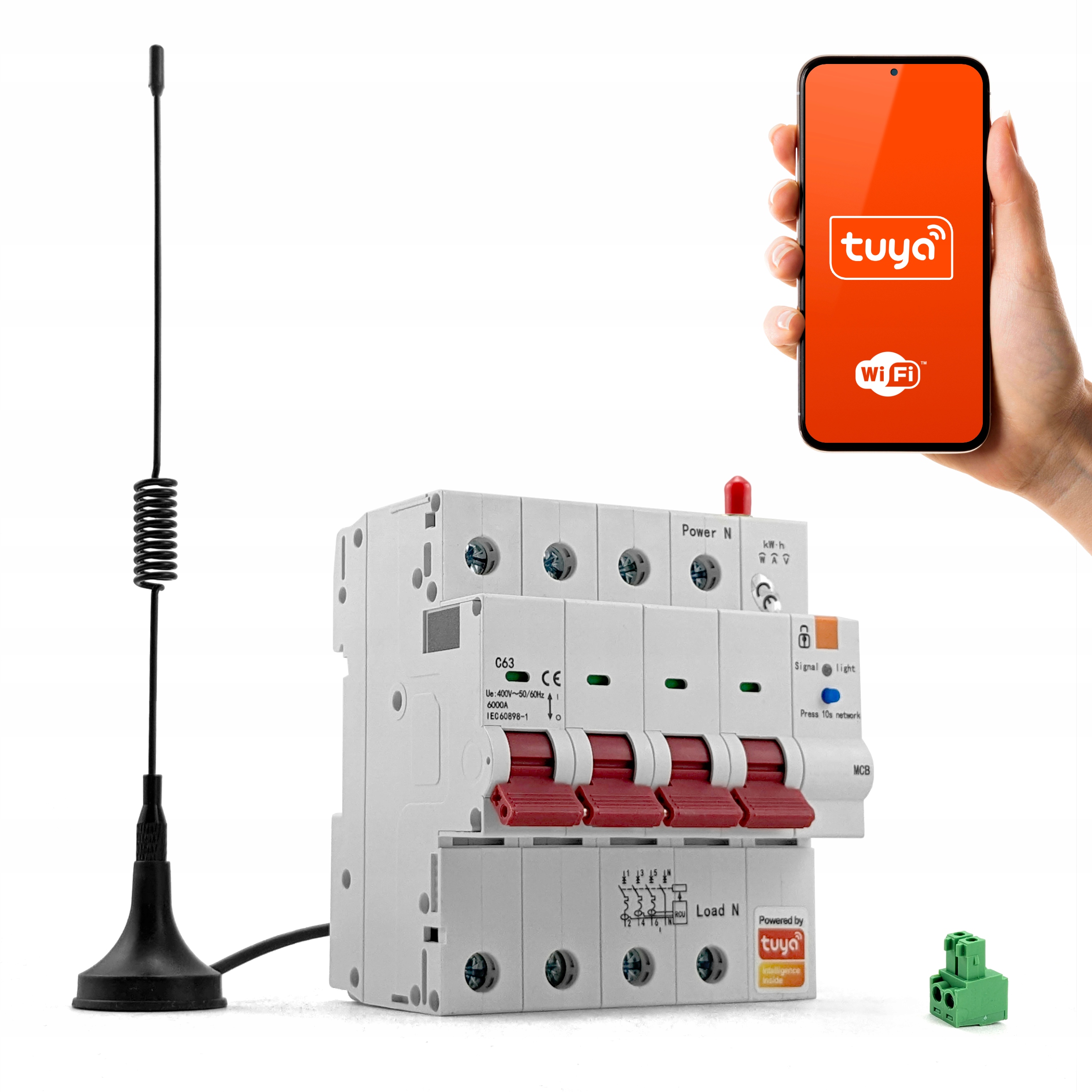3-fázový istič WiFi 4P Tuya 63A 6KV s meraním energie a anténou