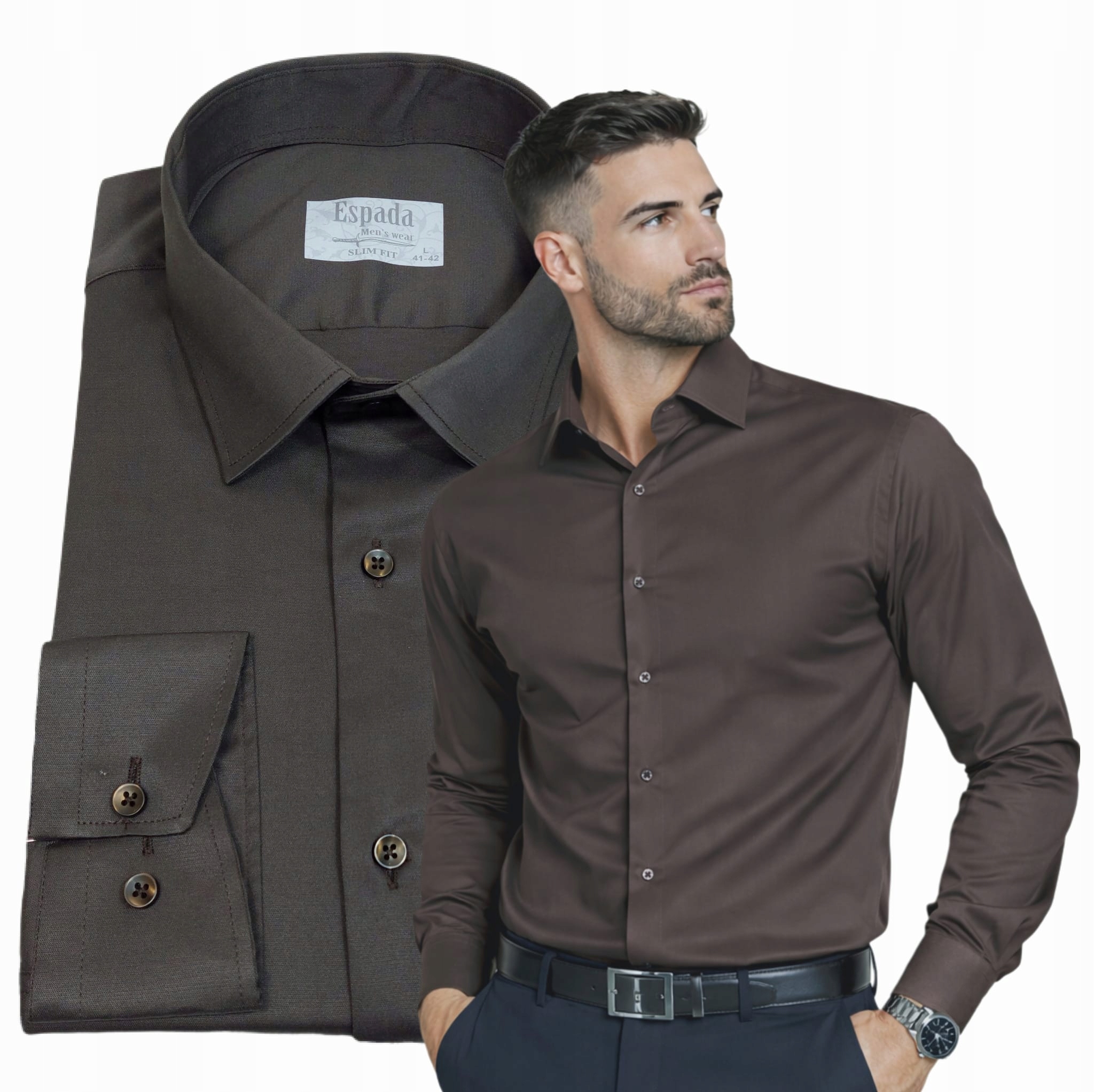 Pánská košile Hnědá Tmavě bavlněná Elegantní Elastická Slim vel.
