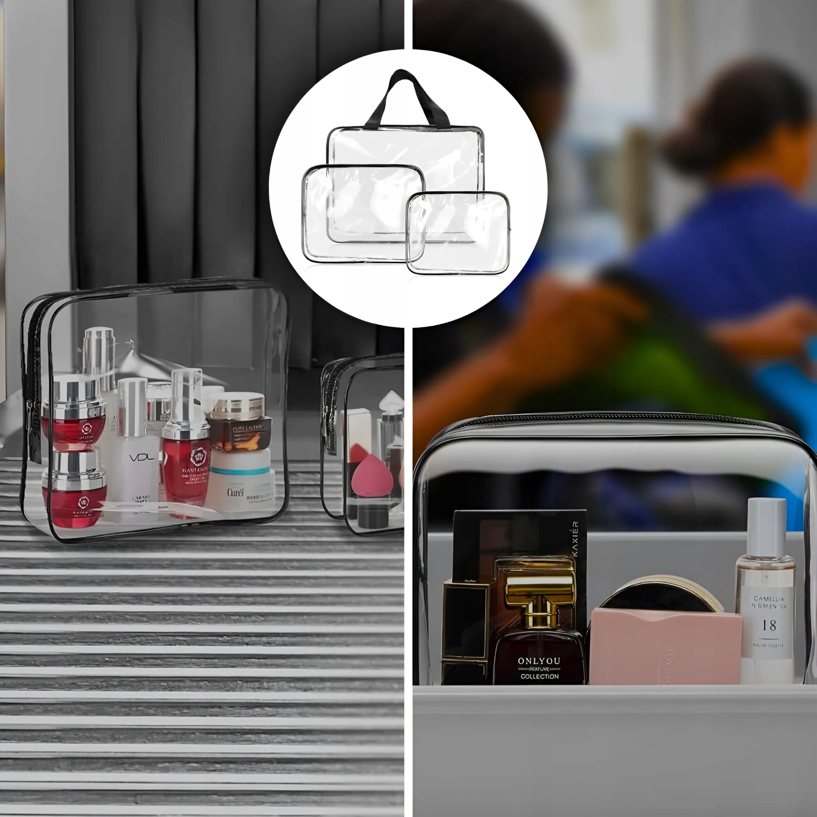 3w1 KOSMETYCZKA PRZEZROCZYSTA TRANSPARENTNA PODRÓŻNA ORGANIZER DO SAMOLOTU Model brak
