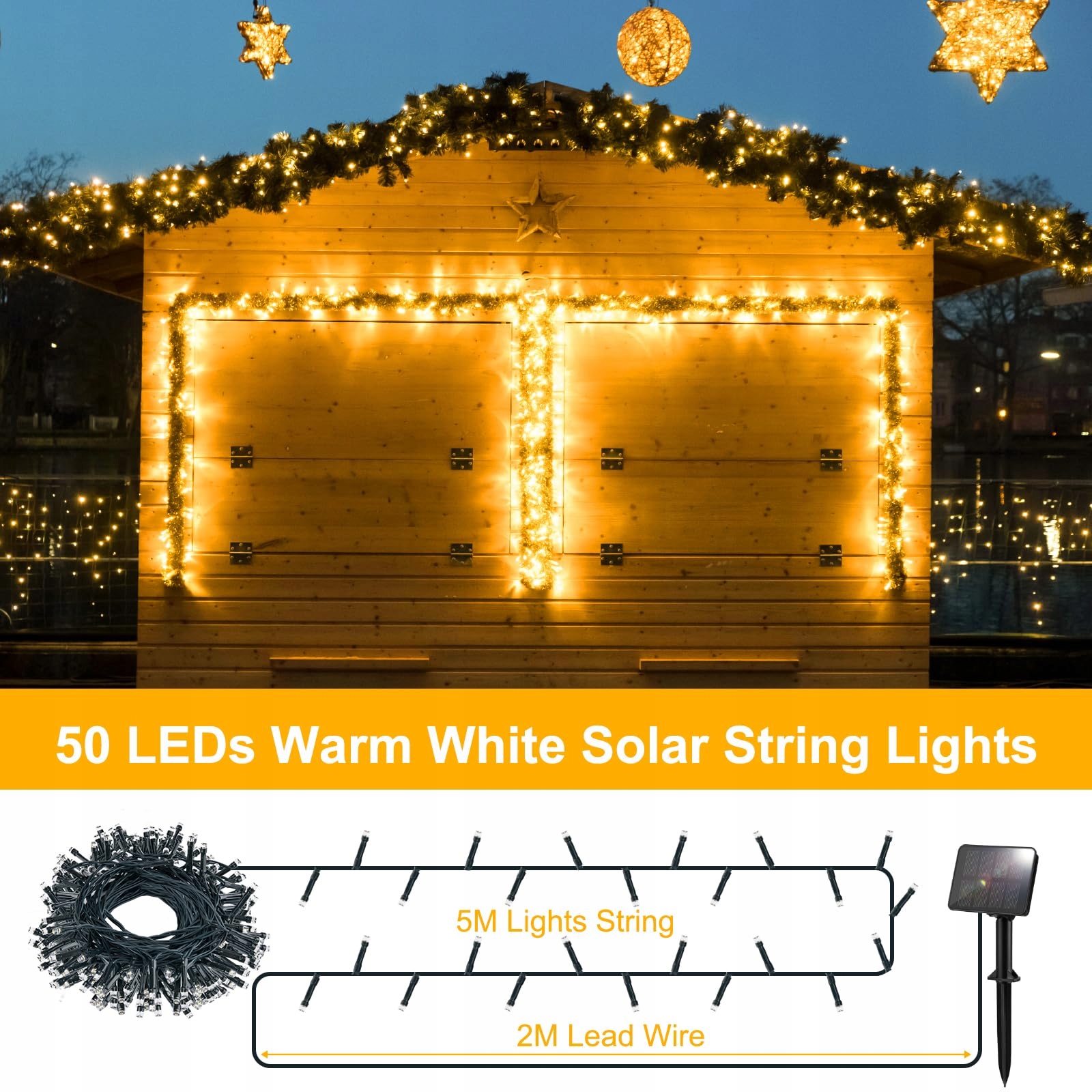 FFZZKJ Solarna Girlanda Zewnętrzna 100 LED 10M IP44 Wodoodporna Ogród Taras — miniatura 4