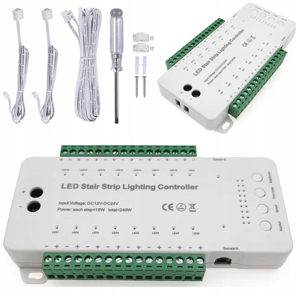 Sterownik Schodowy Led 16 Stopni Schodów Kanałów 12-24V 240W Czujniki Pir