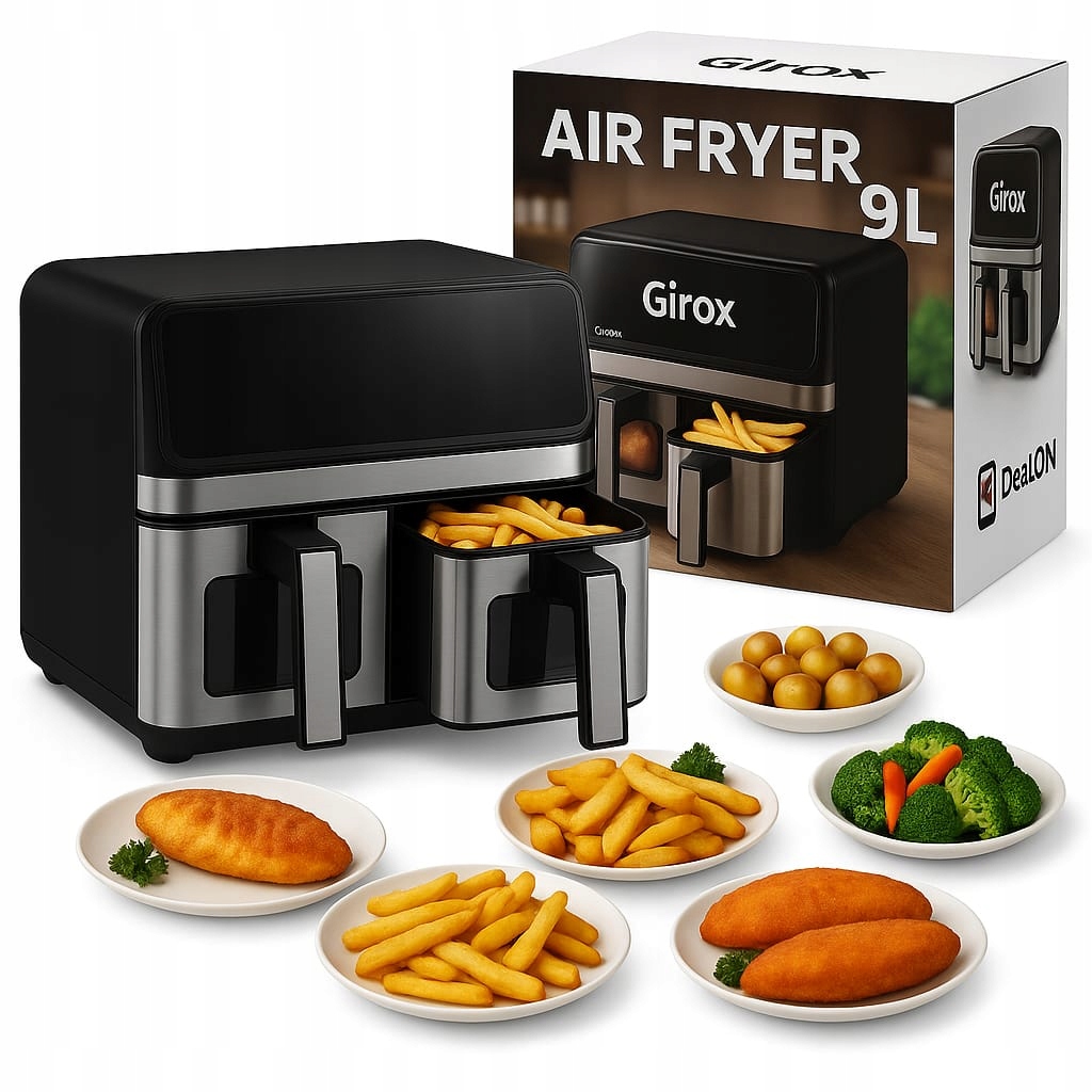 Frytkownica Beztłuszczowa Podwójna Air Fryer 9L 2200W Dwukomorowa Piekarnik