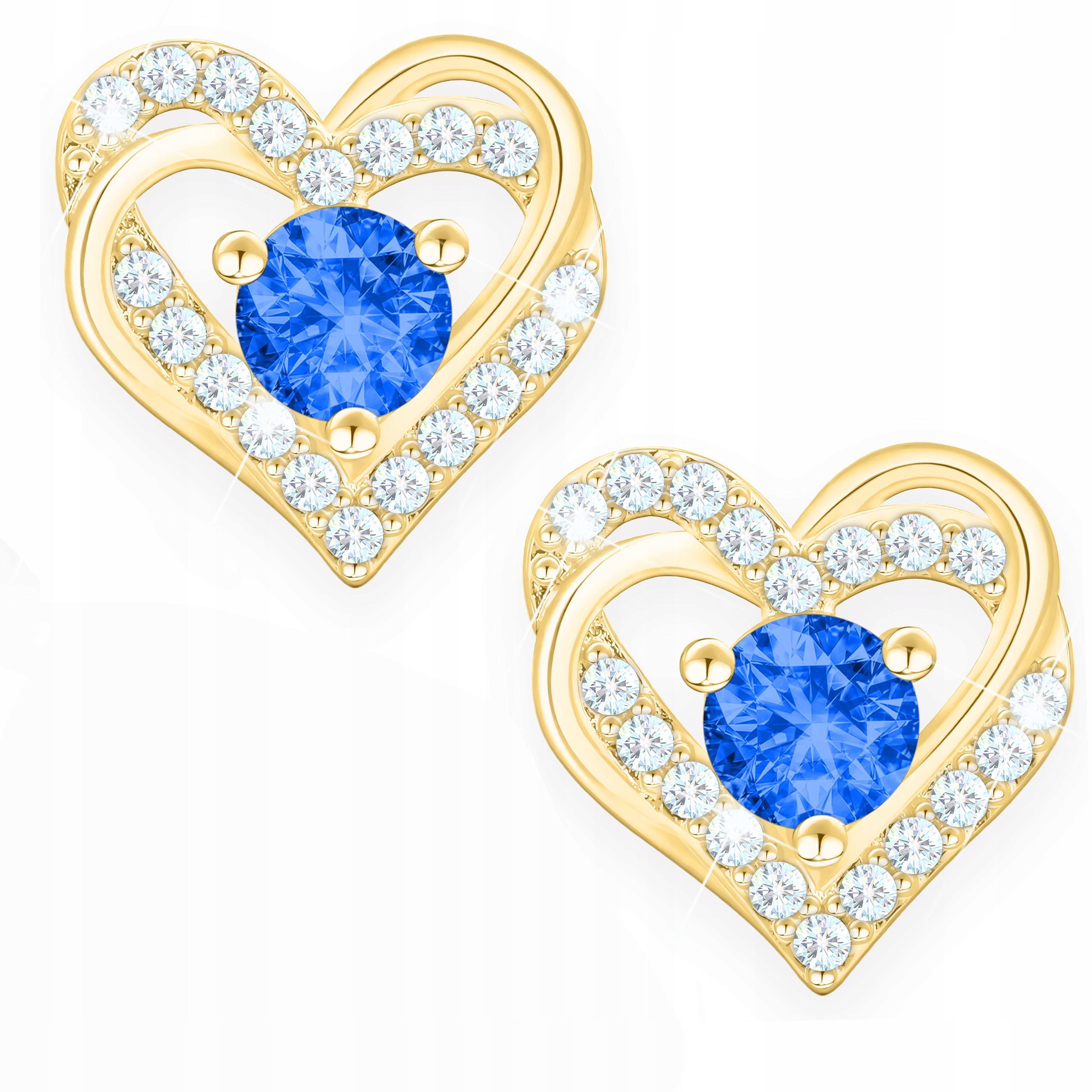 Zlaté Náušnice Srdíčka s modrým očkem Zirkony Srdíčka Stříbro 925