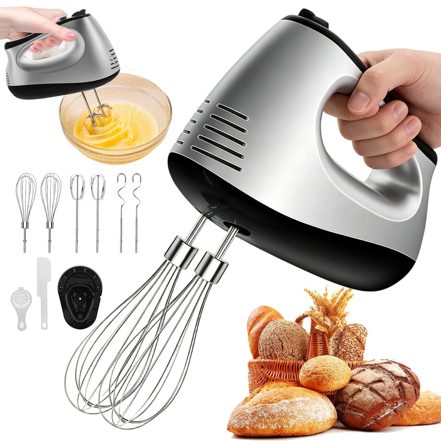 Ruční Kuchyňský Mixér, Šlehací Háky, Turbo 300 W, 5 Výkonů, Multifunkční