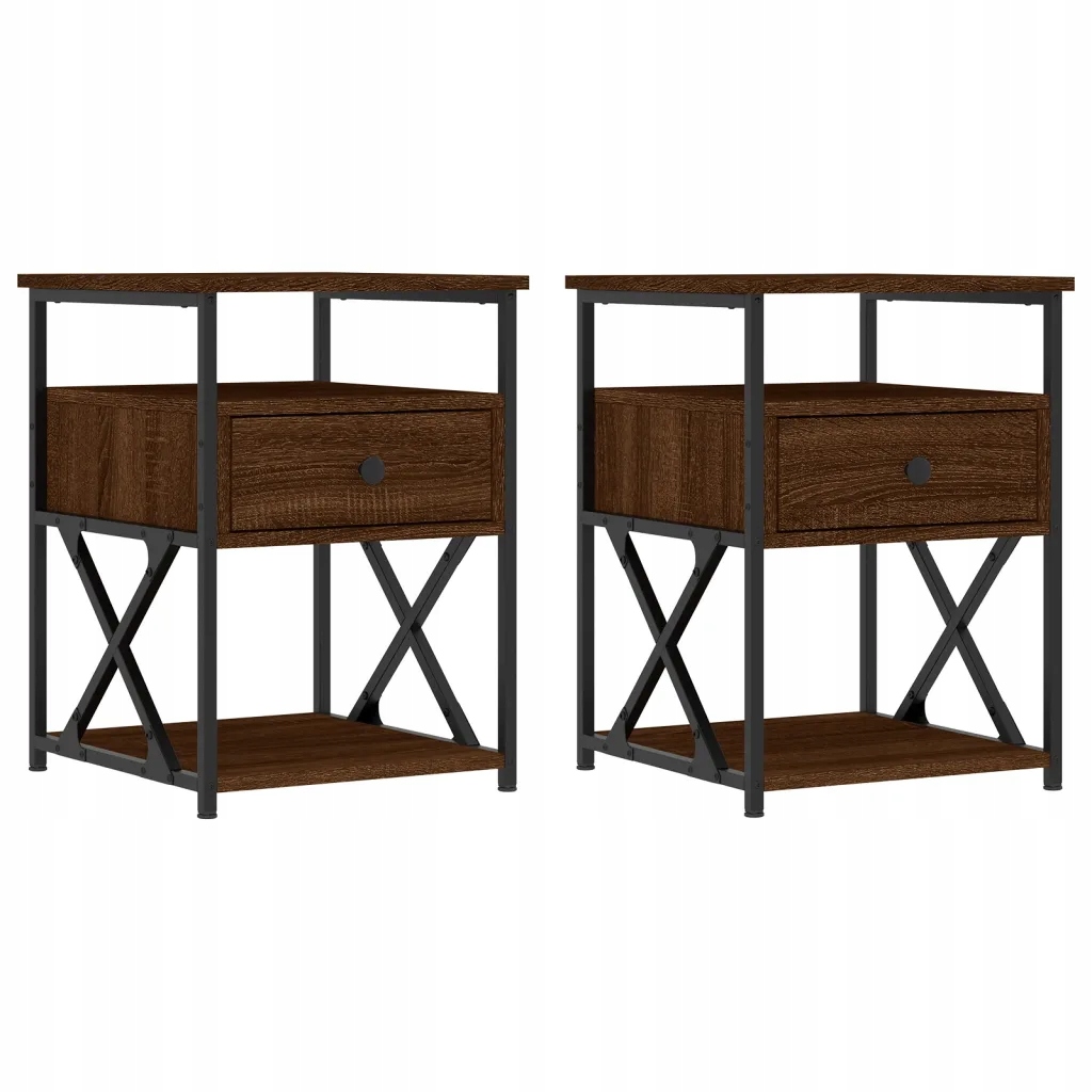 Noční stolek z dřevěného materiálu s železným rámem, hnědý dub