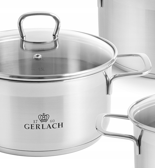 GERLACH STALOWE GARNKI ZESTAW GARNKÓW 8 ELEMENTÓW INOX INDUKCJA Linia Brava