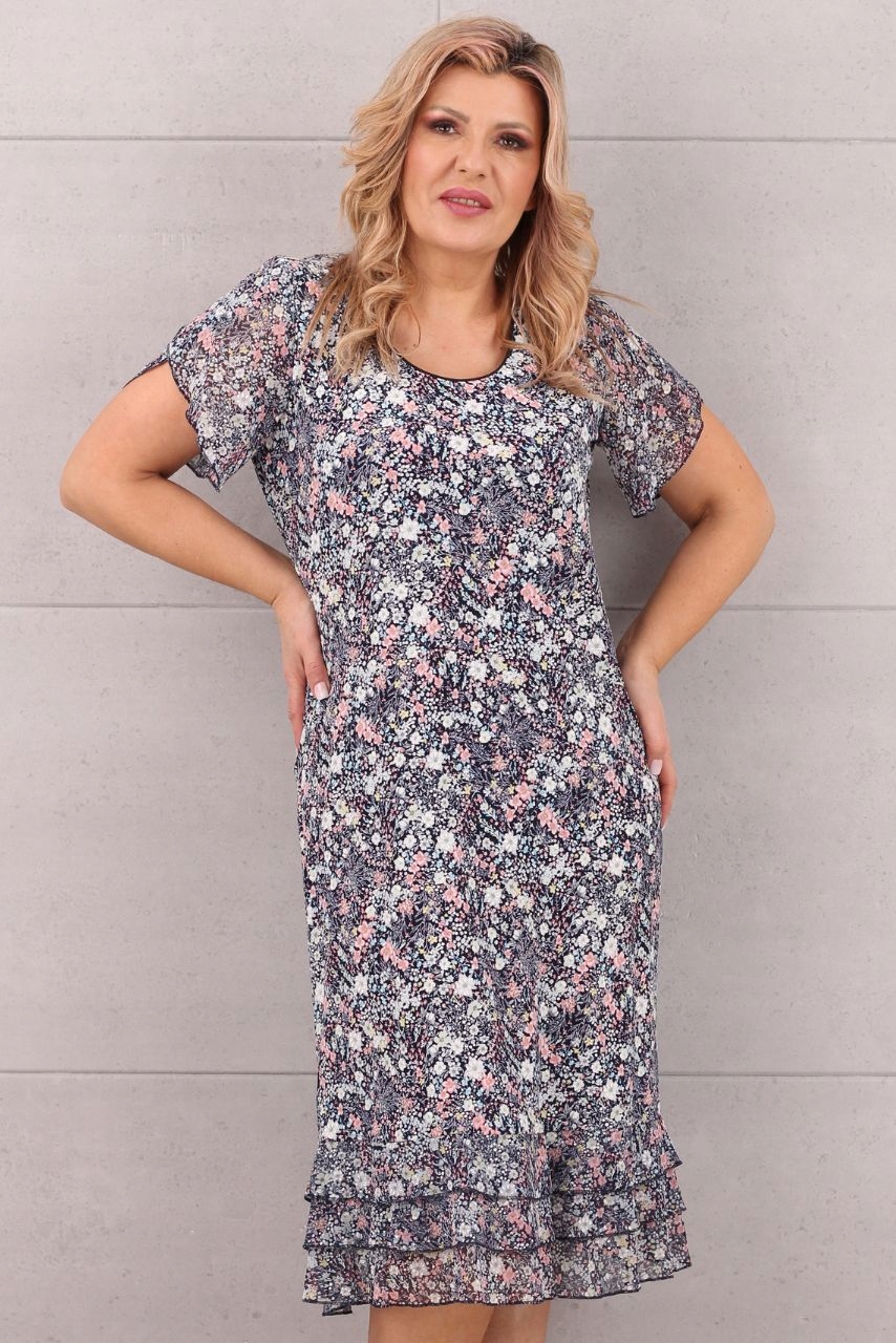 WIZYTOWA SUKIENKA Z FALBANKĄ DUŻE ROZMIARY POLSKI PRODUCENT MIDI ZWIEWNA Długość midi