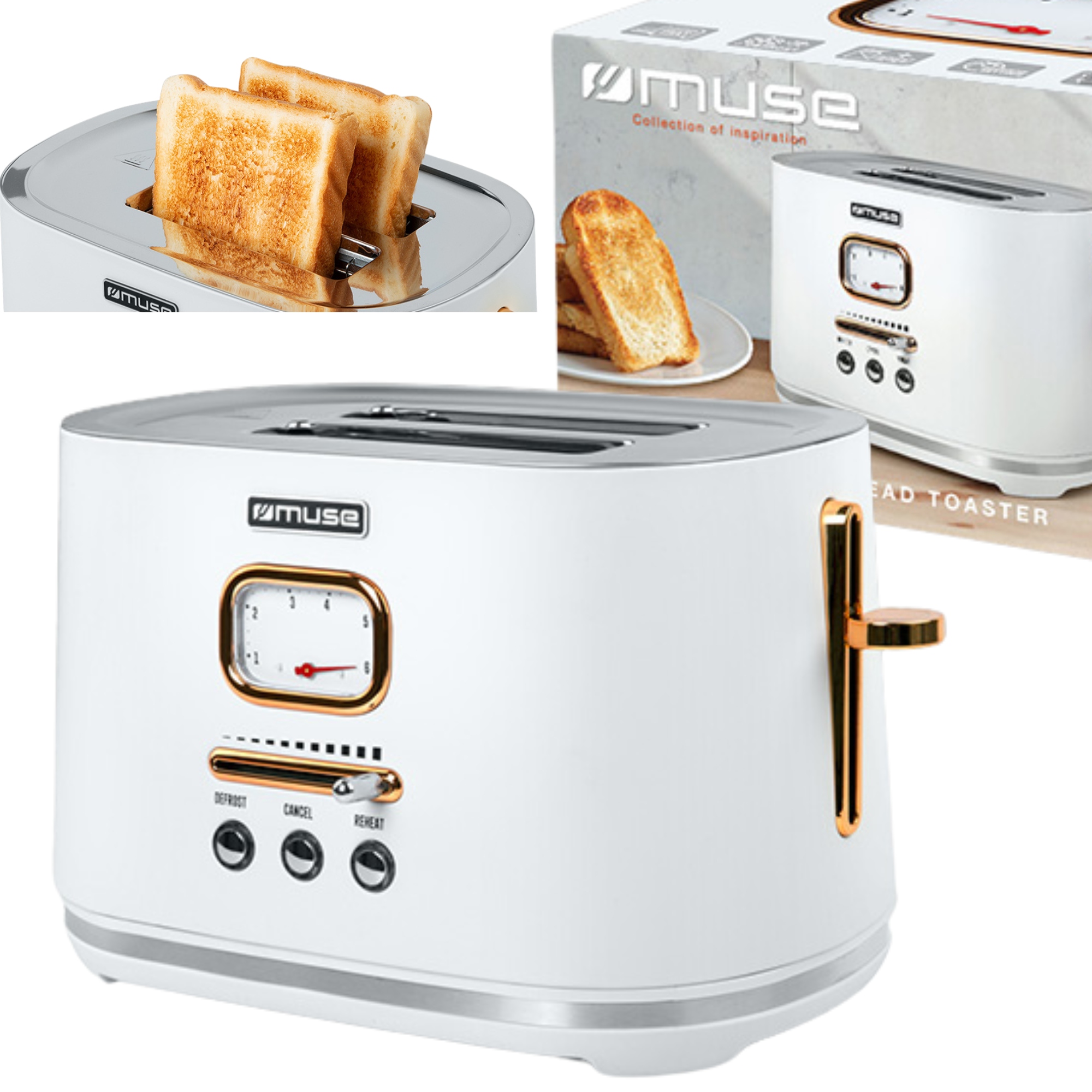 Toster Opiekacz Retro 1000W Na 2 Tosty Biały/złote Elementy Muse MS-130W