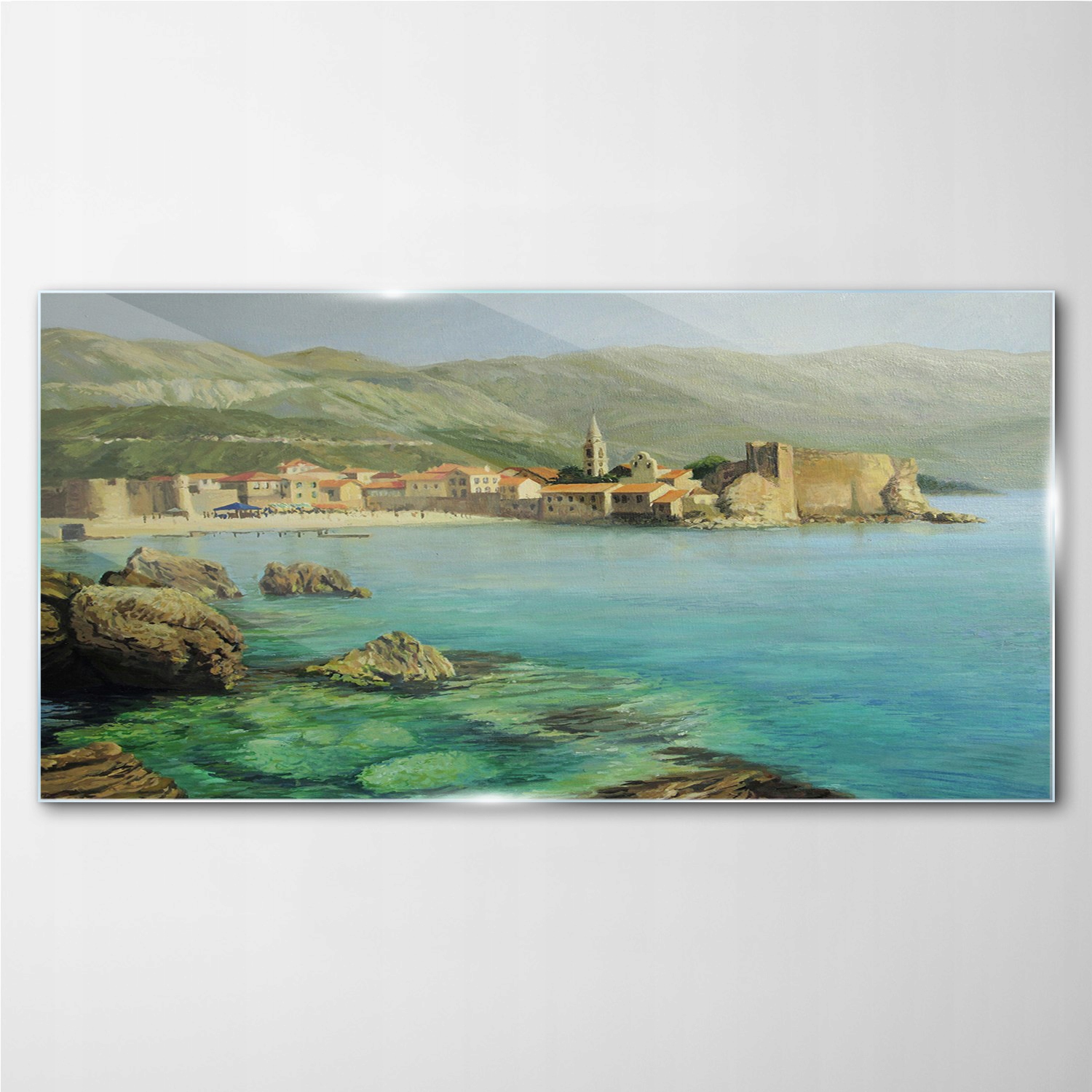 

Obraz szklany na ścianę Morze miasto góry 140x70