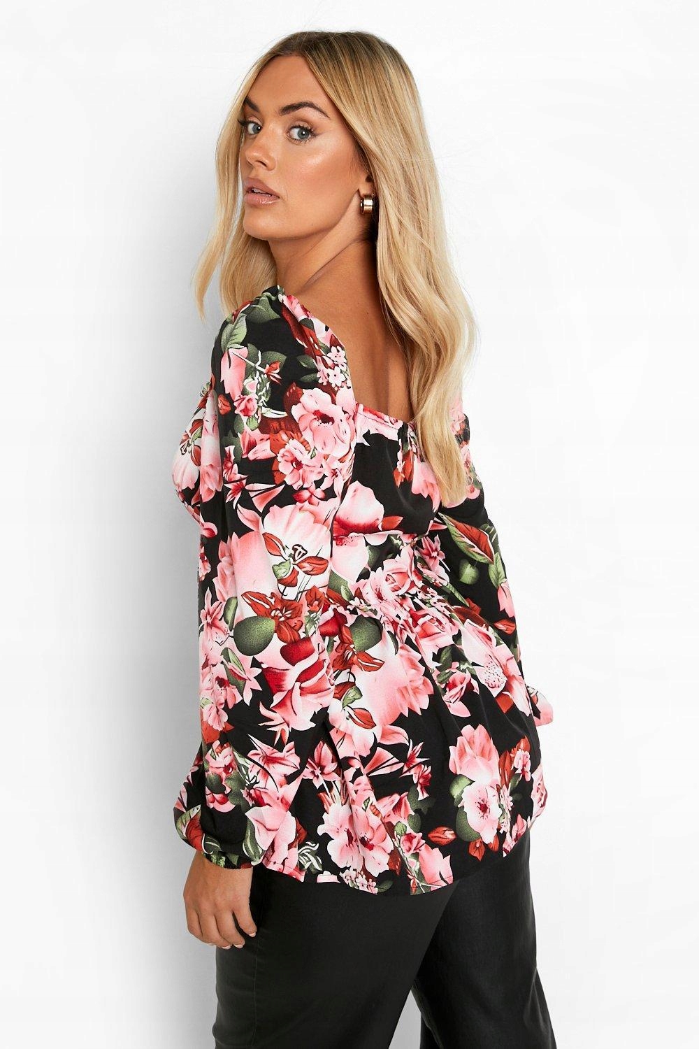 Boohoo njg BLUZKA DŁUGI FALBANA RĘKAW KWIATY GUZIKI NG2 52 Dekolt prostokątny