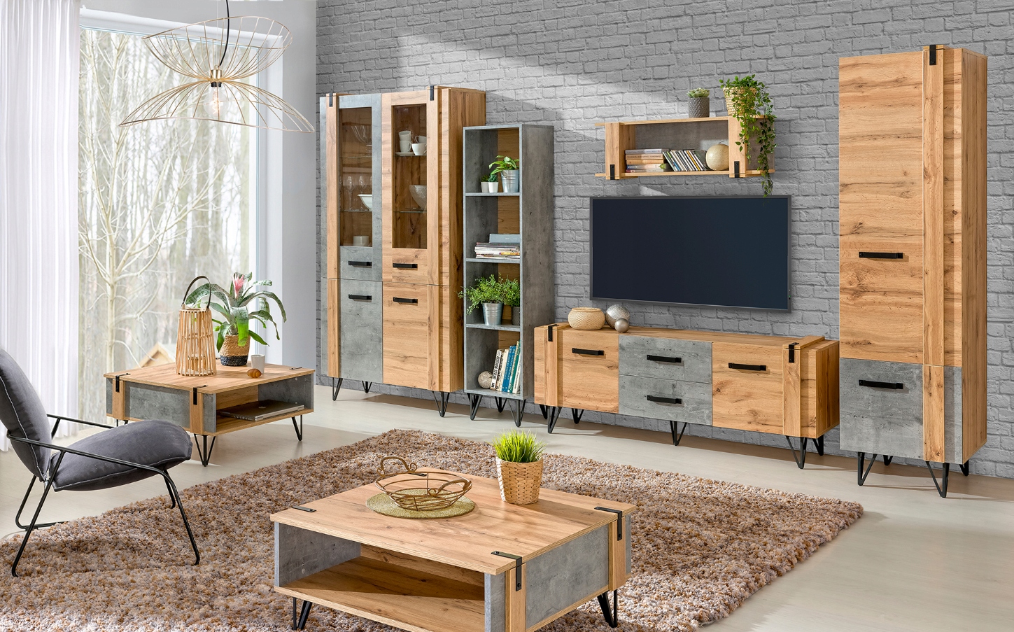 Meblościanka Zestaw Mebli Do Salonu Dąb Wotan + Beton LOTLER DL