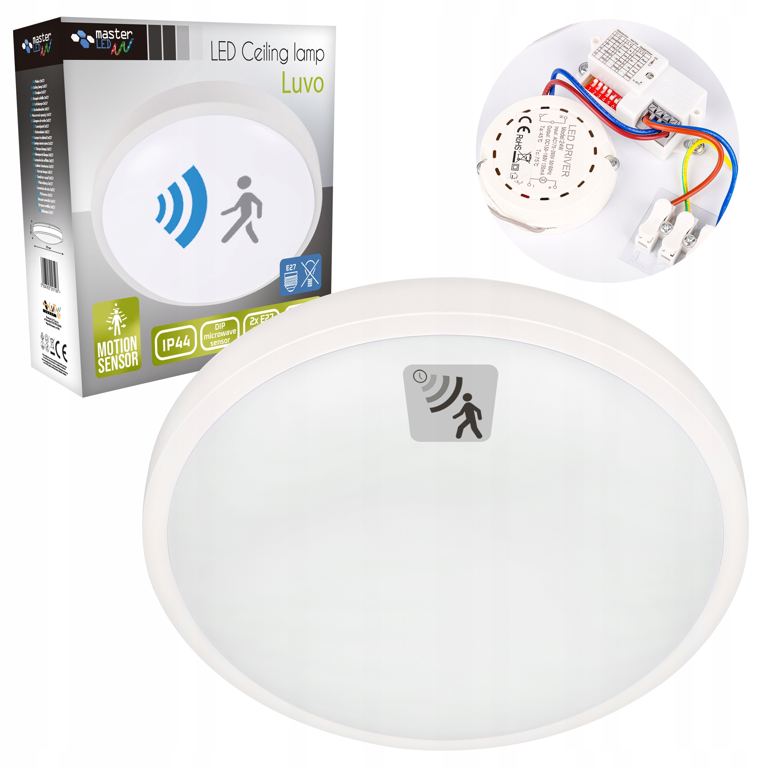 Plafon LED Lampa sufitowa panel 2xE27 CZUJNIK RUCHU okrągły Oprawa