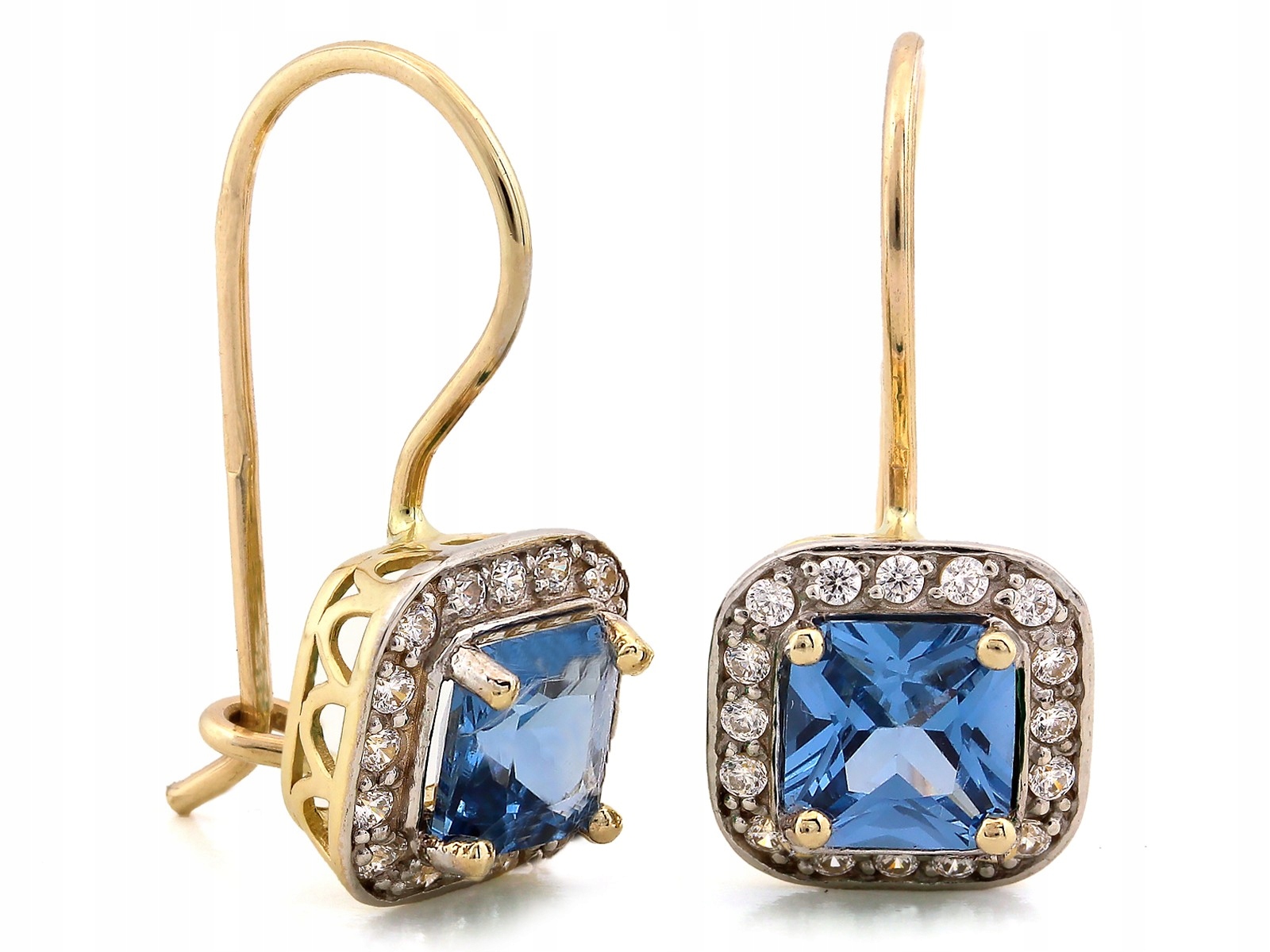 Zlaté 585 náušnice na biglu s akvamarínem a zirkony 3.12g jako dárek 14k