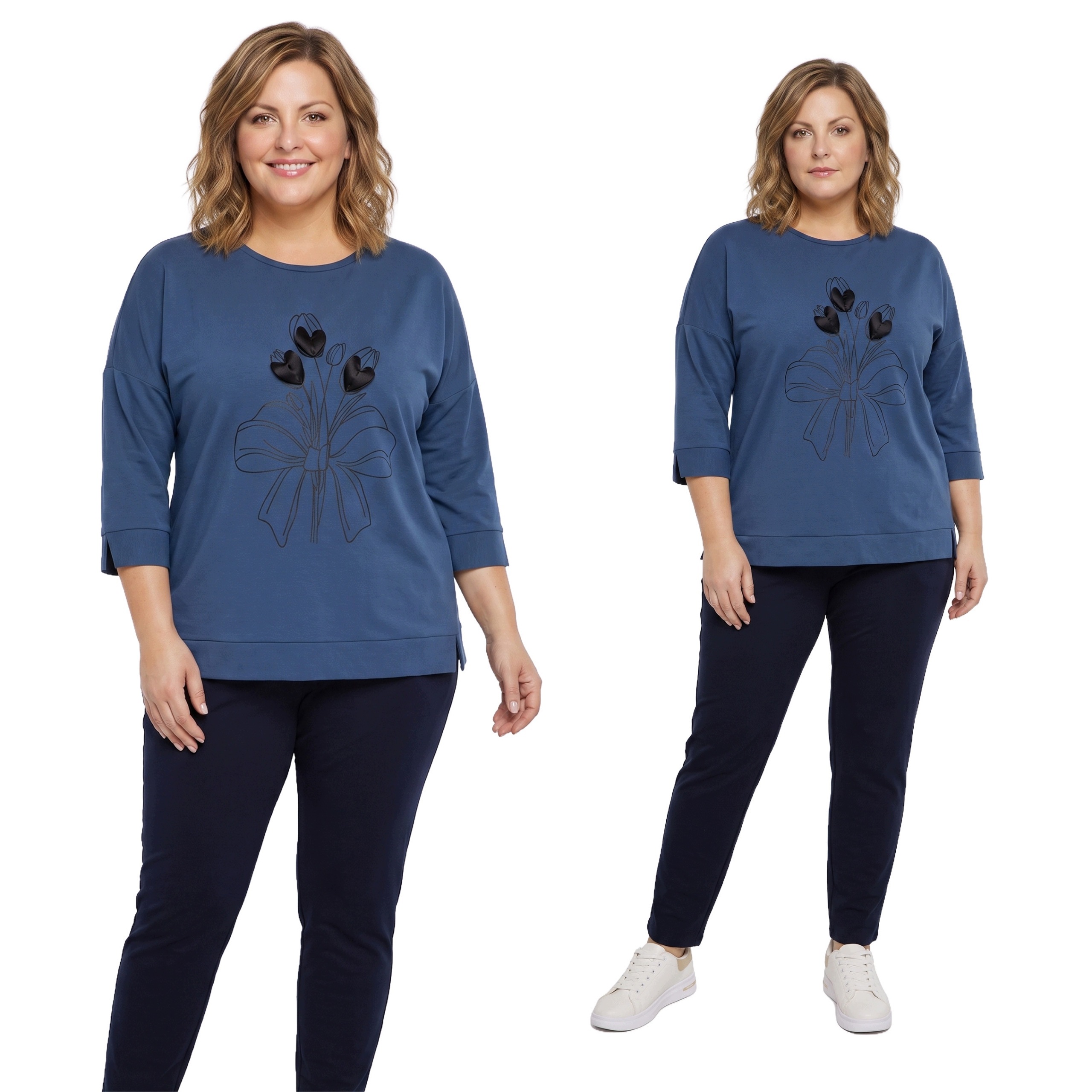 Modrý teplákovka s květinovou aplikací plus size velikost 60/62