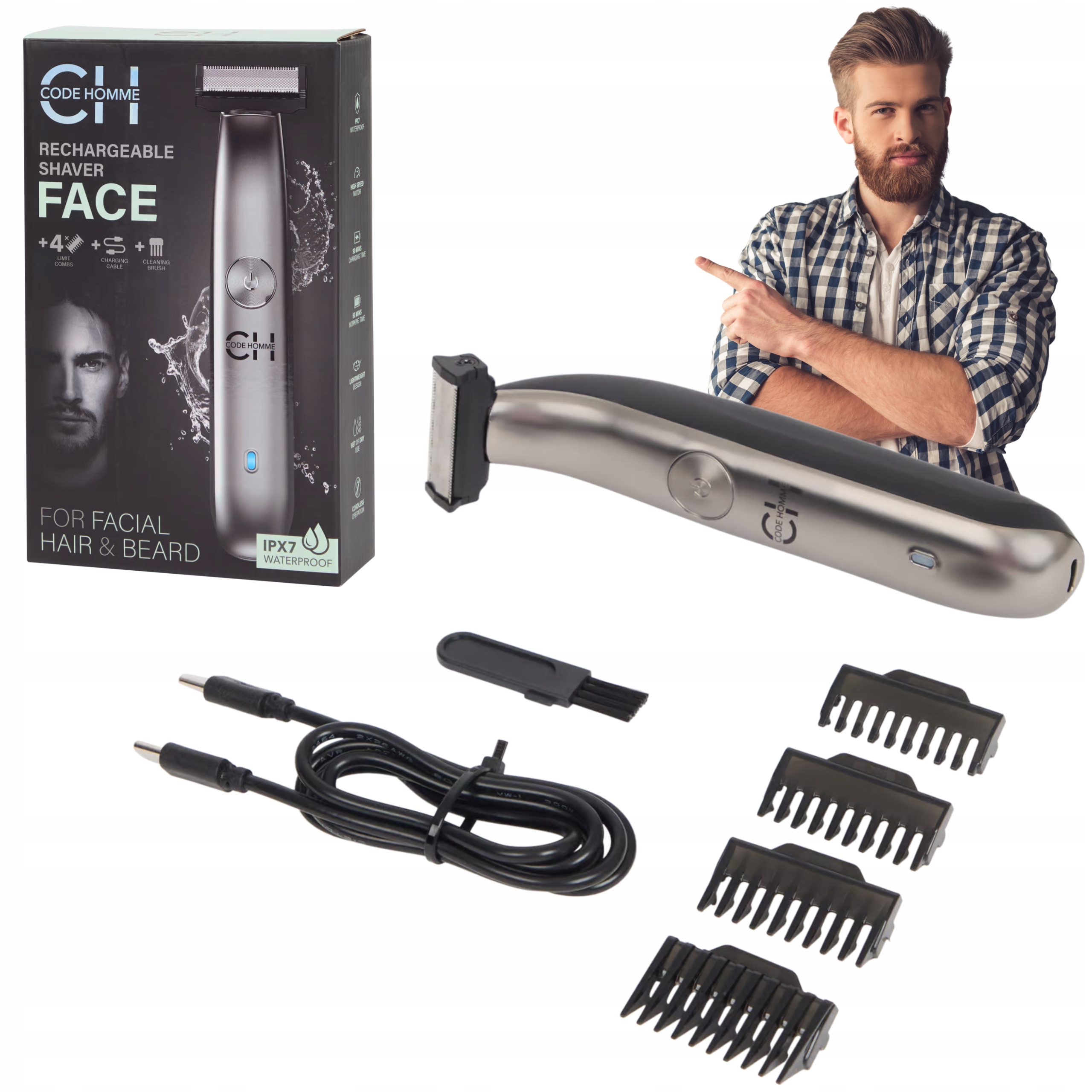 Golarka Maszybka Do Golenia Dla Mężczyzn Code Homme 4 Nasadki Usb-c IPX7