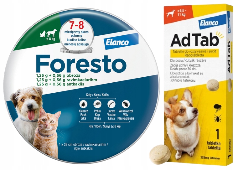 Elanco Foresto obroża <8 kg 38cm, Adtab Dog dla psów 5,5-11 kg 1 tabletka