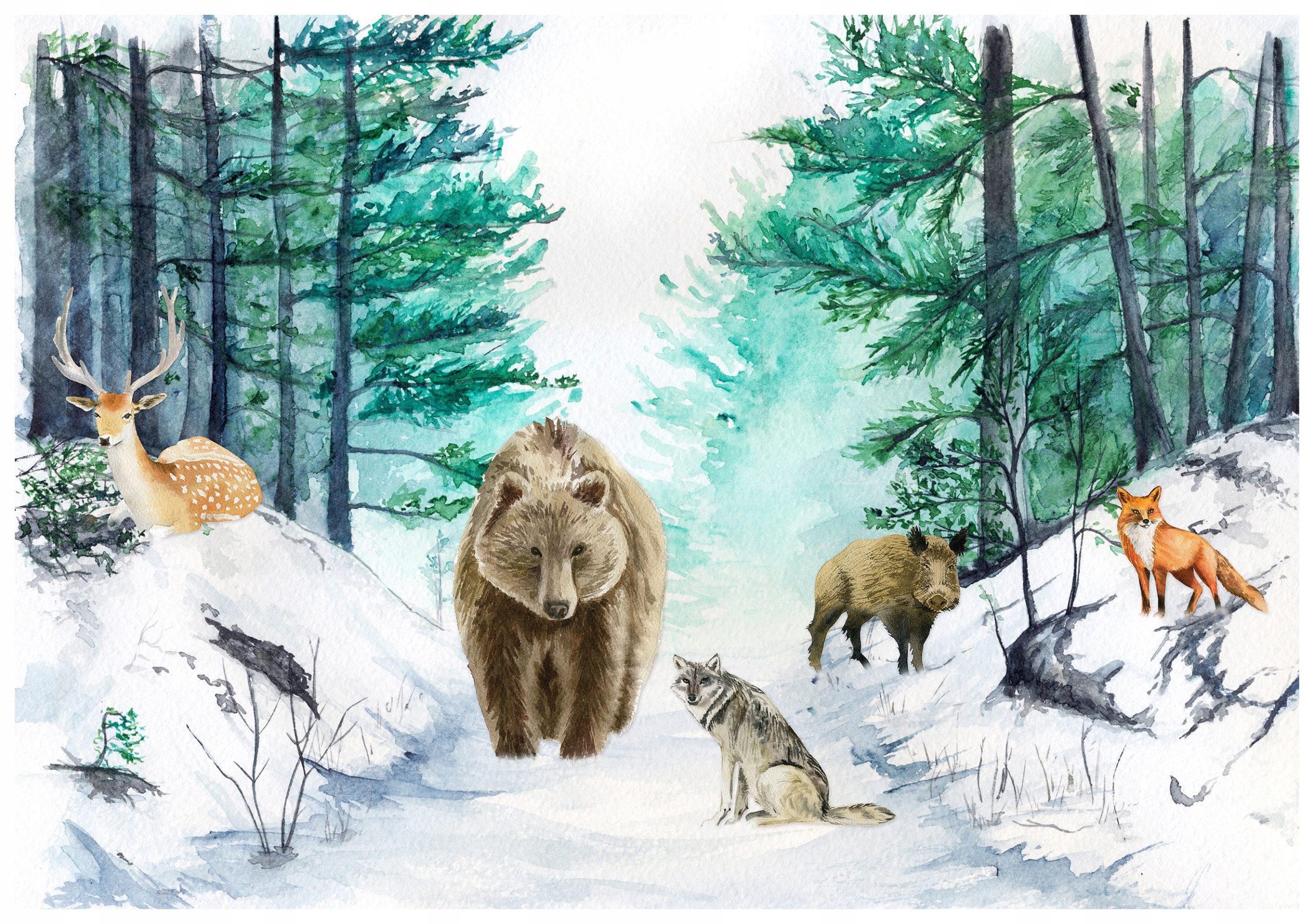 Vliesová fototapeta Zimní les Zvířata Pohádka Aquarel 312x219 lepidlo