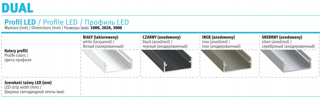 PROFIL LED DUAL 3m SZEROKI NA 2 TAŚMY LED BIAŁY 3M Z KLOSZEM PMMA Rodzaj profilu nawierzchniowy wpuszczany