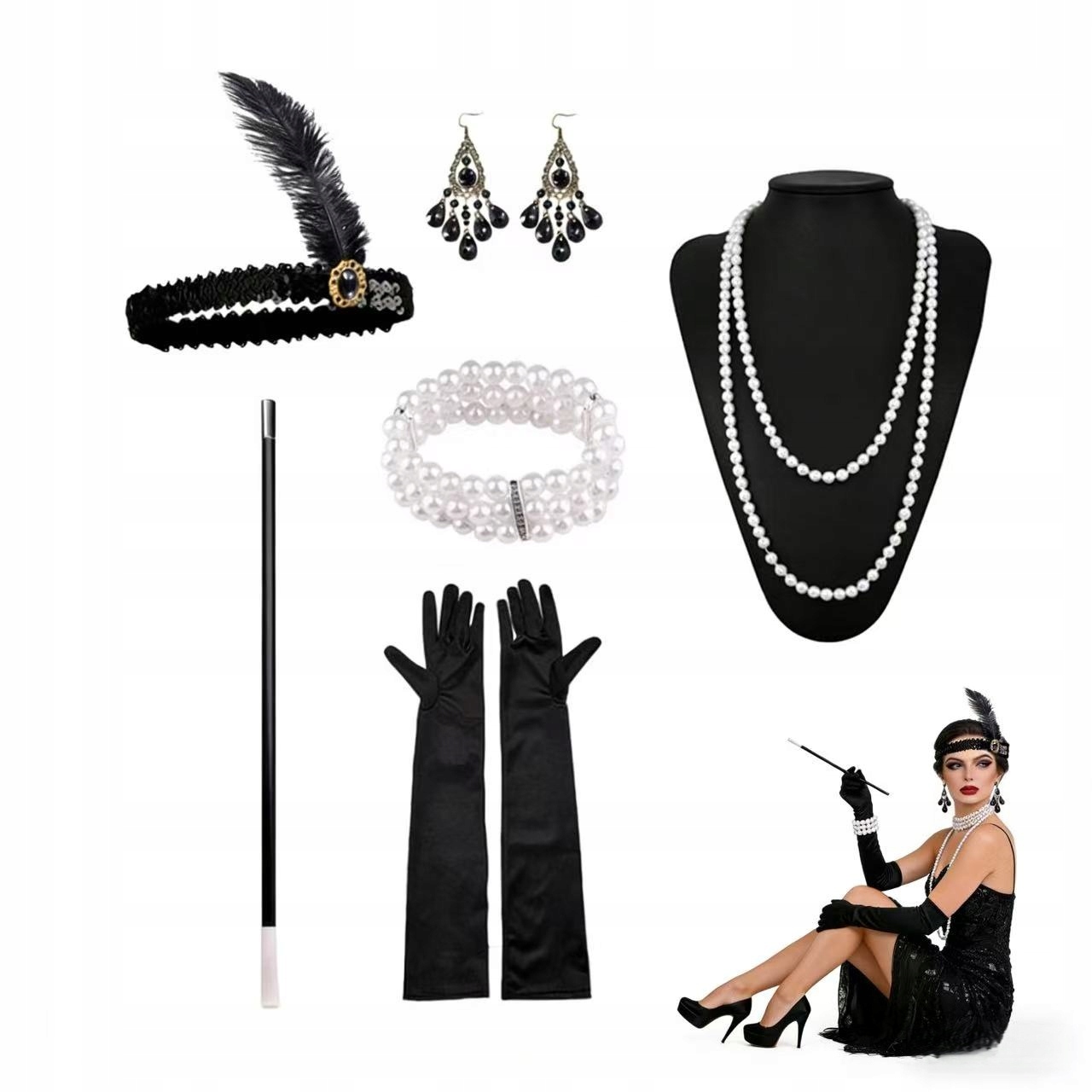 РЕТРО ЖЕНСКИЙ КОМПЛЕКТ ЧЕРНЫЙ 20 ЛЕТ FLAPPER 6 EL.