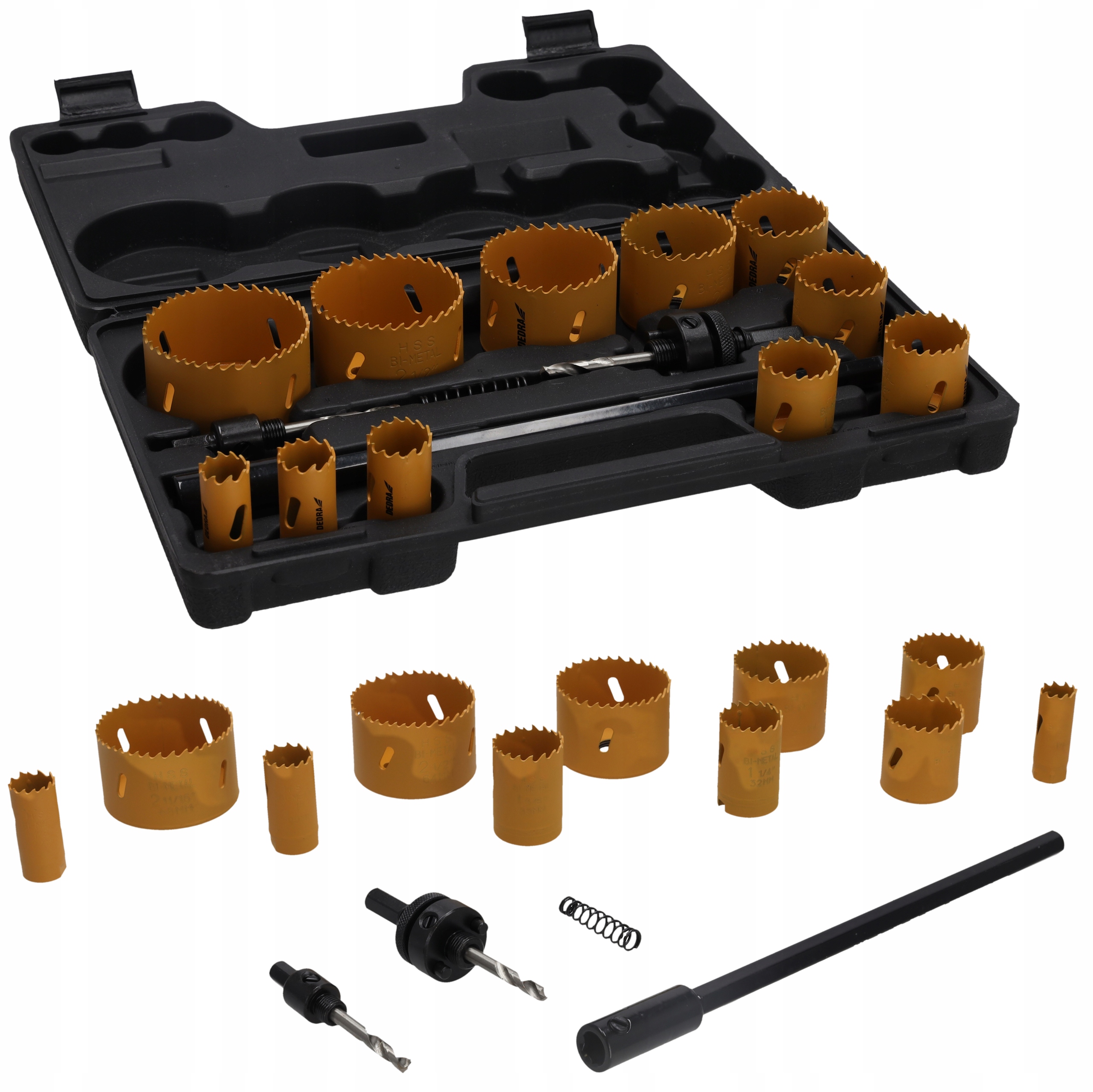 Zestaw Otwornic Koronki bimetalowe Dedra 19-68mm Uchwyty Przedłużka 15el.