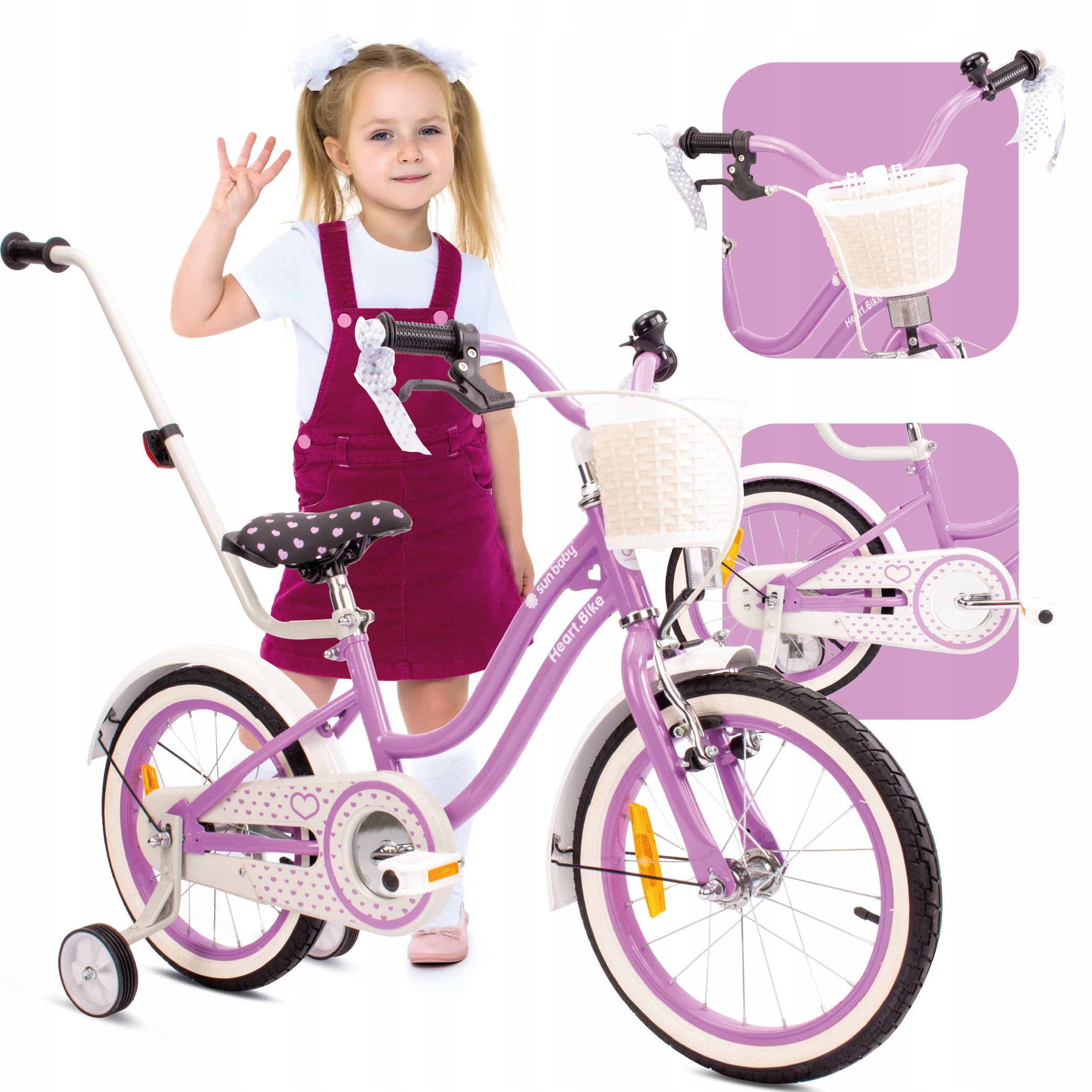Rowerek 16 cali dla dziewczynki dziecięcy Pchacz kółka boczne Koszyk Heart